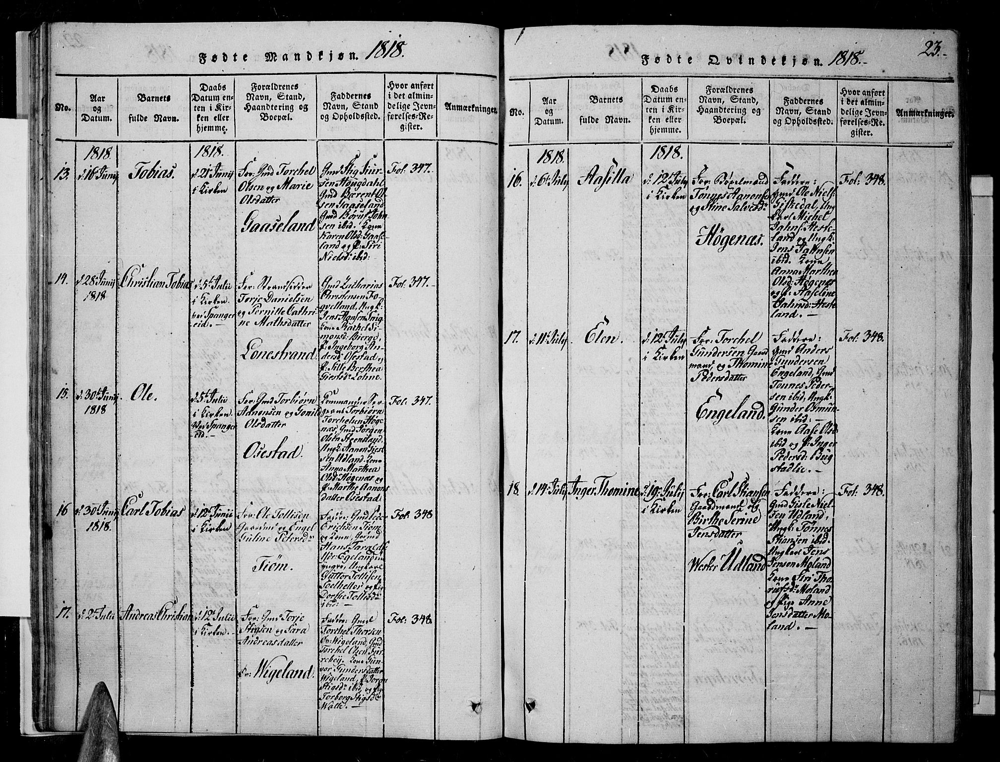 Sør-Audnedal sokneprestkontor, AV/SAK-1111-0039/F/Fa/Fab/L0005: Parish register (official) no. A 5, 1816-1830, p. 23