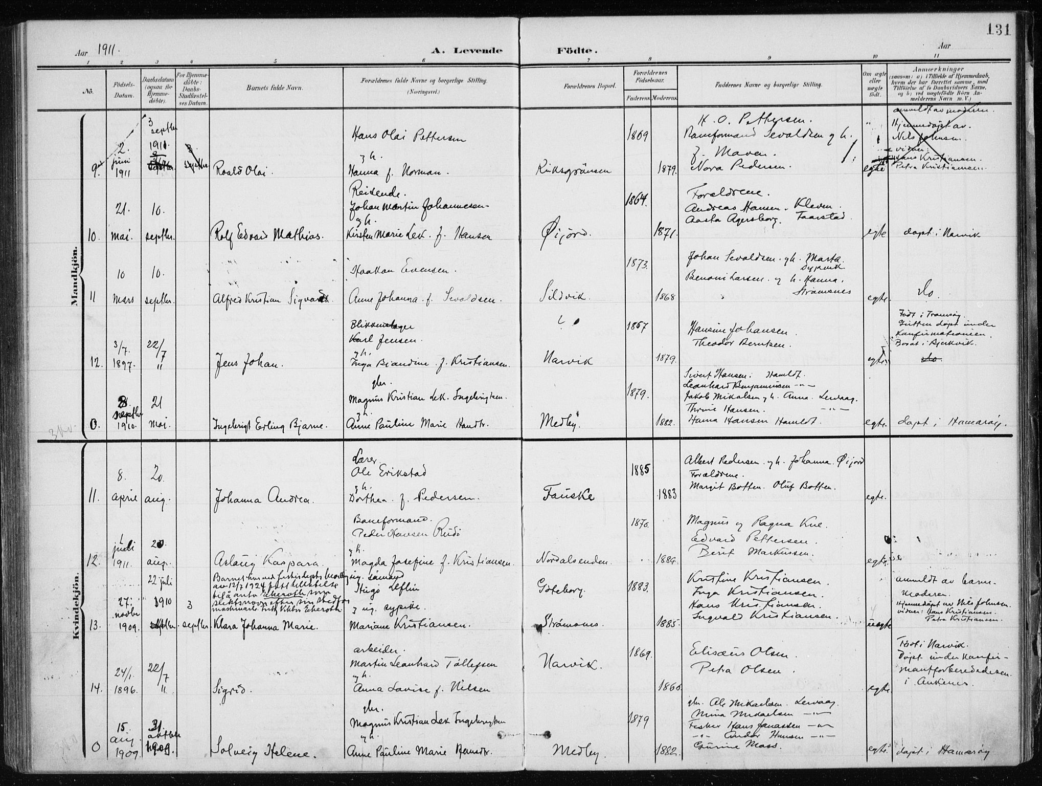 Ministerialprotokoller, klokkerbøker og fødselsregistre - Nordland, SAT/A-1459/866/L0941: Parish register (official) no. 866A04, 1901-1917, p. 131