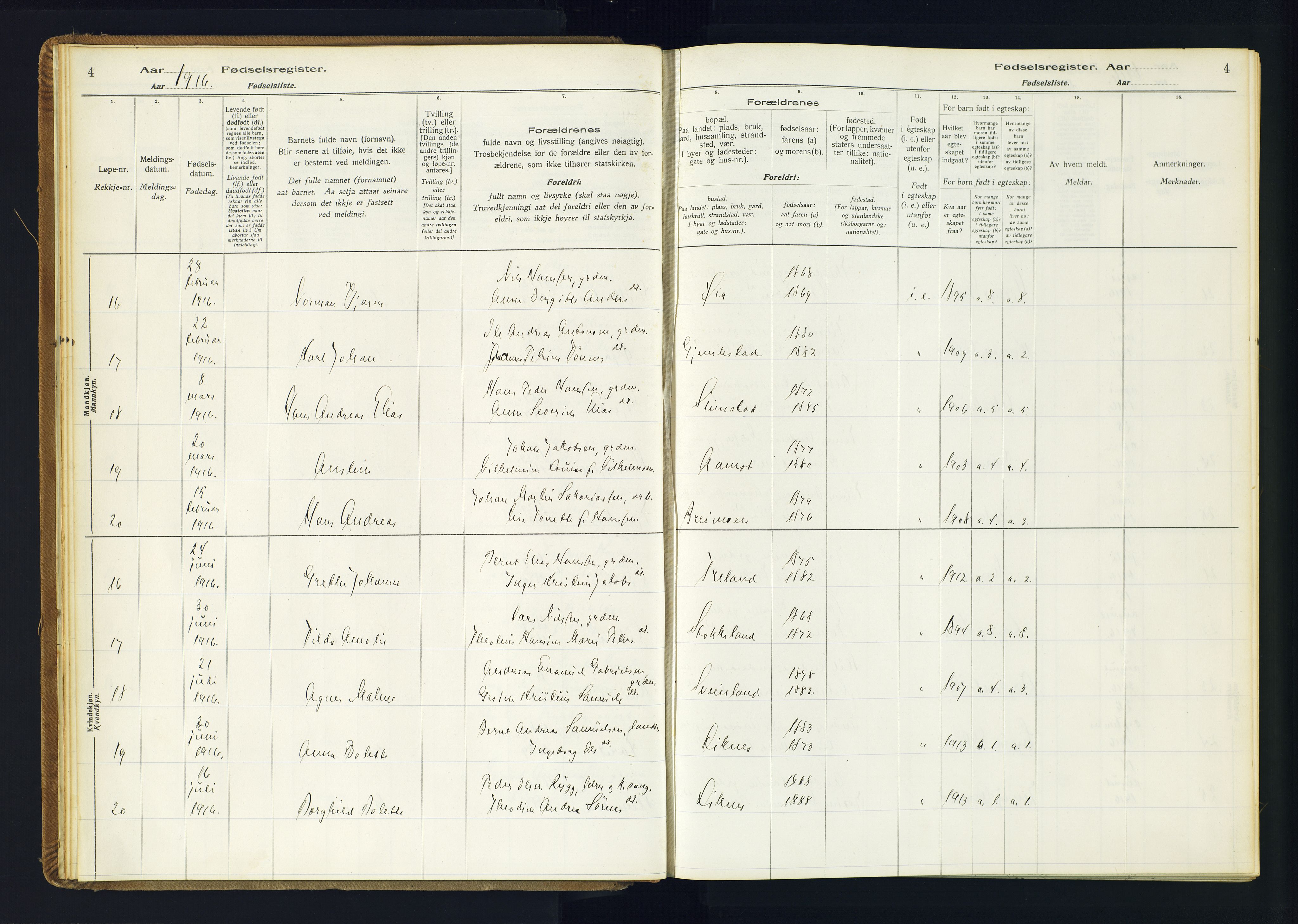 Kvinesdal sokneprestkontor, AV/SAK-1111-0026/J/Ja/L0001: Birth register no. 1, 1916-1941, p. 4