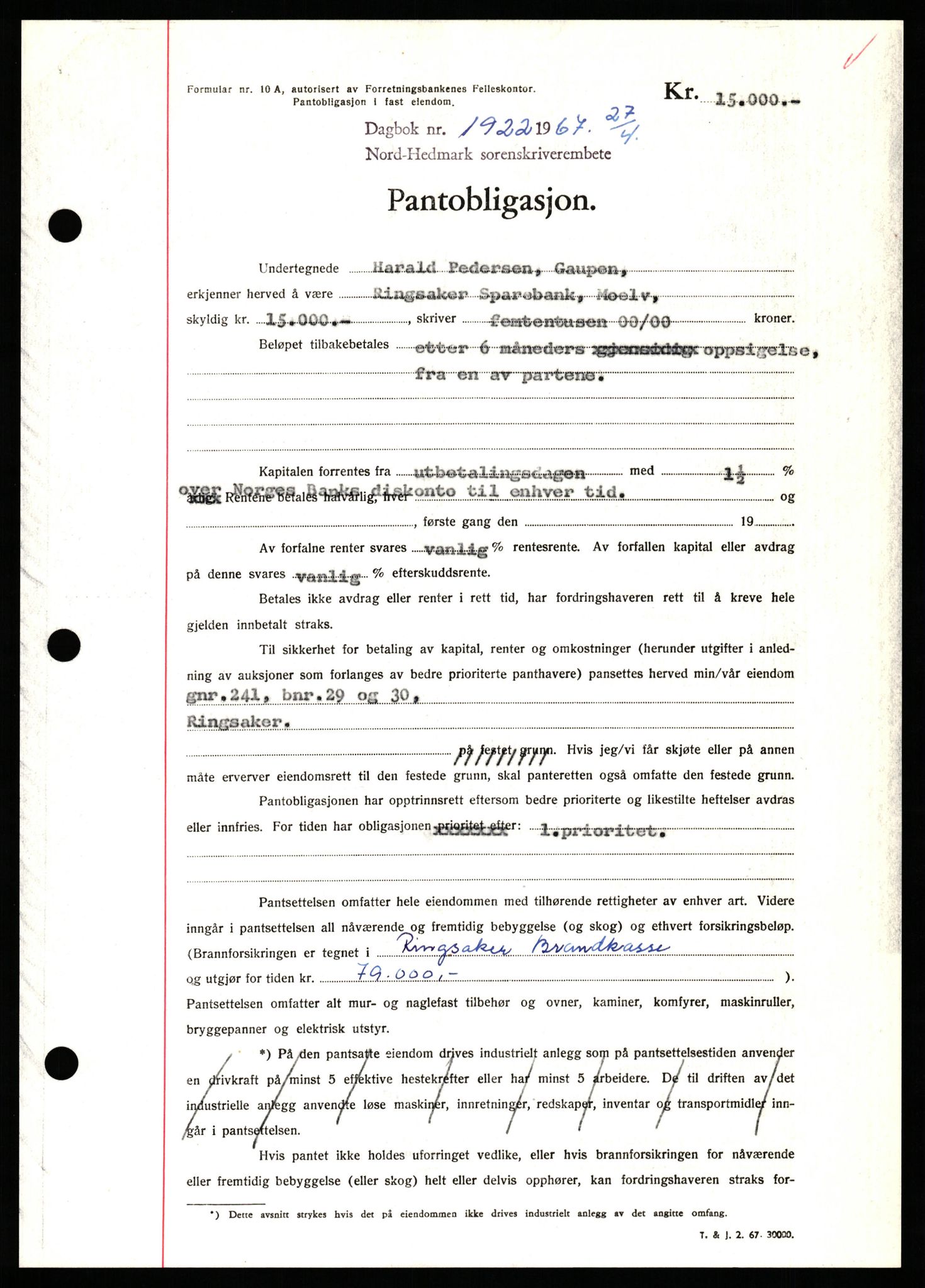 Nord-Hedmark sorenskriveri, SAH/TING-012/H/Hb/Hbf/L0071: Mortgage book no. B71, 1967-1967, Diary no: : 1922/1967