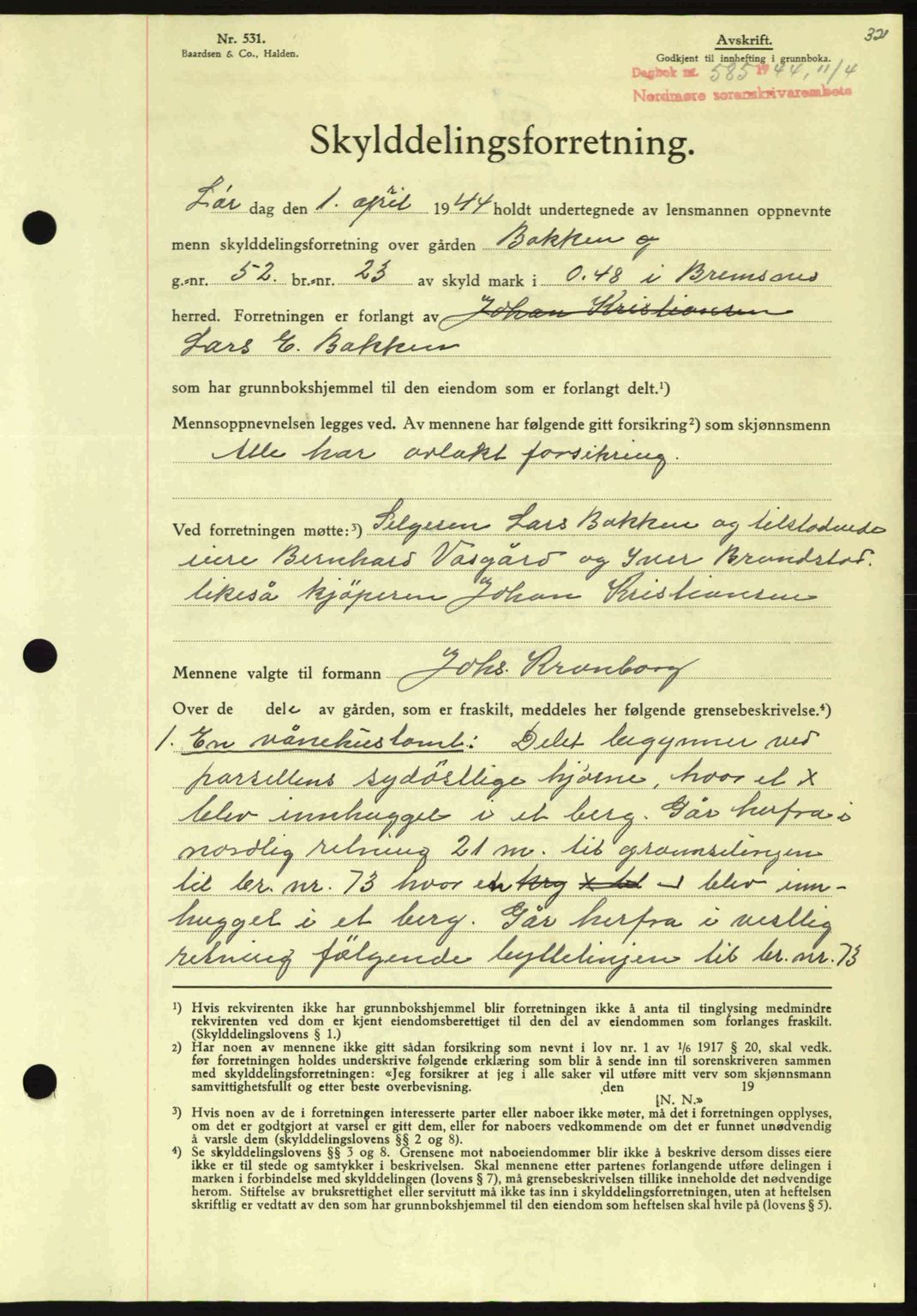 Nordmøre sorenskriveri, AV/SAT-A-4132/1/2/2Ca: Mortgage book no. A97, 1944-1944, Diary no: : 585/1944