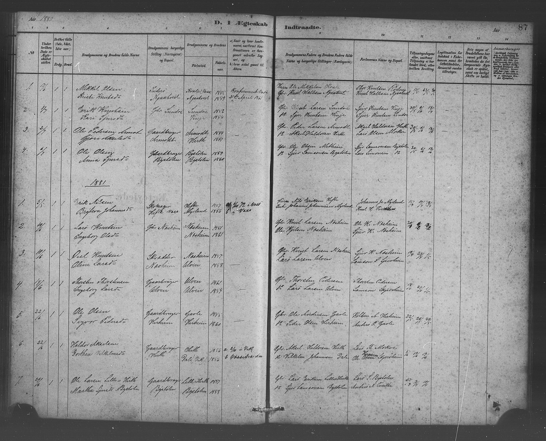 Vossestrand Sokneprestembete, AV/SAB-A-79101/H/Hab: Parish register (copy) no. B 3, 1880-1907, p. 87