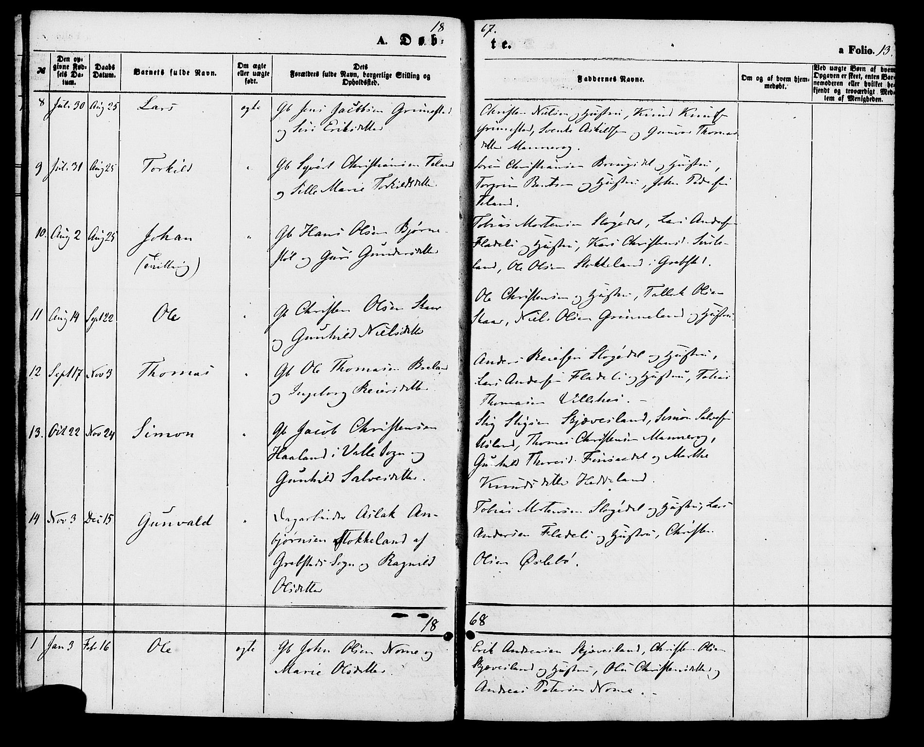 Holum sokneprestkontor, AV/SAK-1111-0022/F/Fa/Fac/L0003: Parish register (official) no. A 3, 1860-1883, p. 13