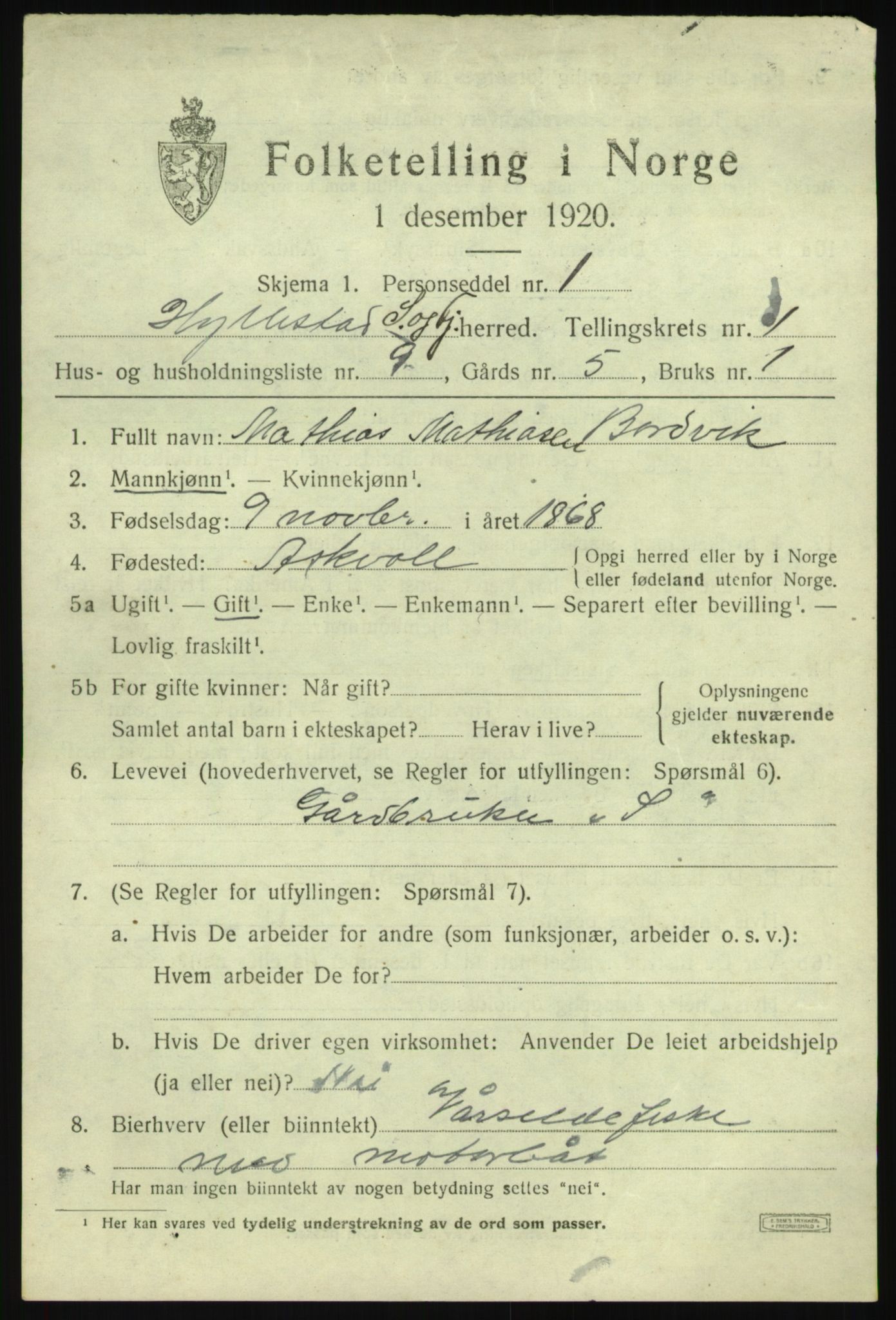 SAB, 1920 census for Hyllestad, 1920, p. 996