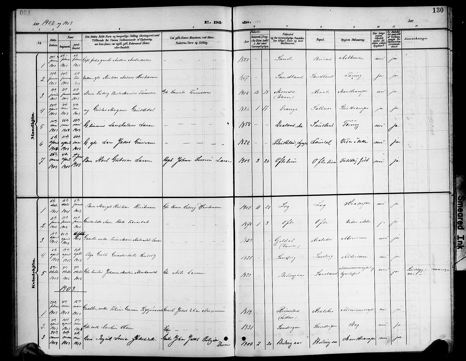 Herad sokneprestkontor, AV/SAK-1111-0018/F/Fb/Fba/L0005: Parish register (copy) no. B 5, 1899-1921, p. 130