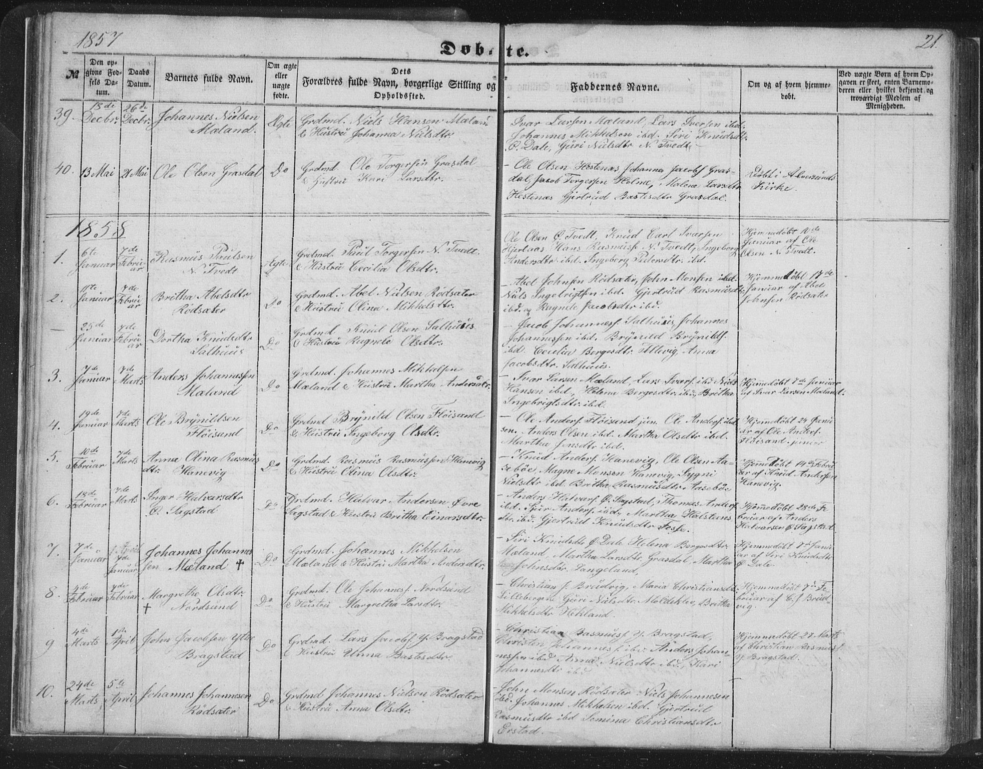 Alversund Sokneprestembete, SAB/A-73901/H/Ha/Hab: Parish register (copy) no. C 1, 1851-1866, p. 21