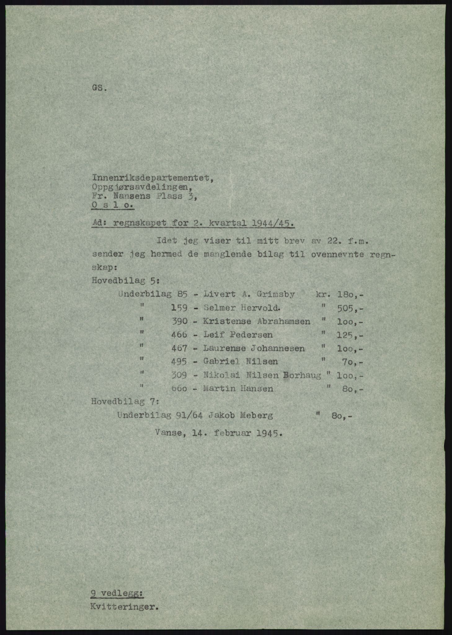 Forsvarsdepartementet, 10. kontor / Oppgjørskontoret, AV/RA-RAFA-1225/D/Db/L0180: Lista oppgjørskontor, 1942-1952, p. 139