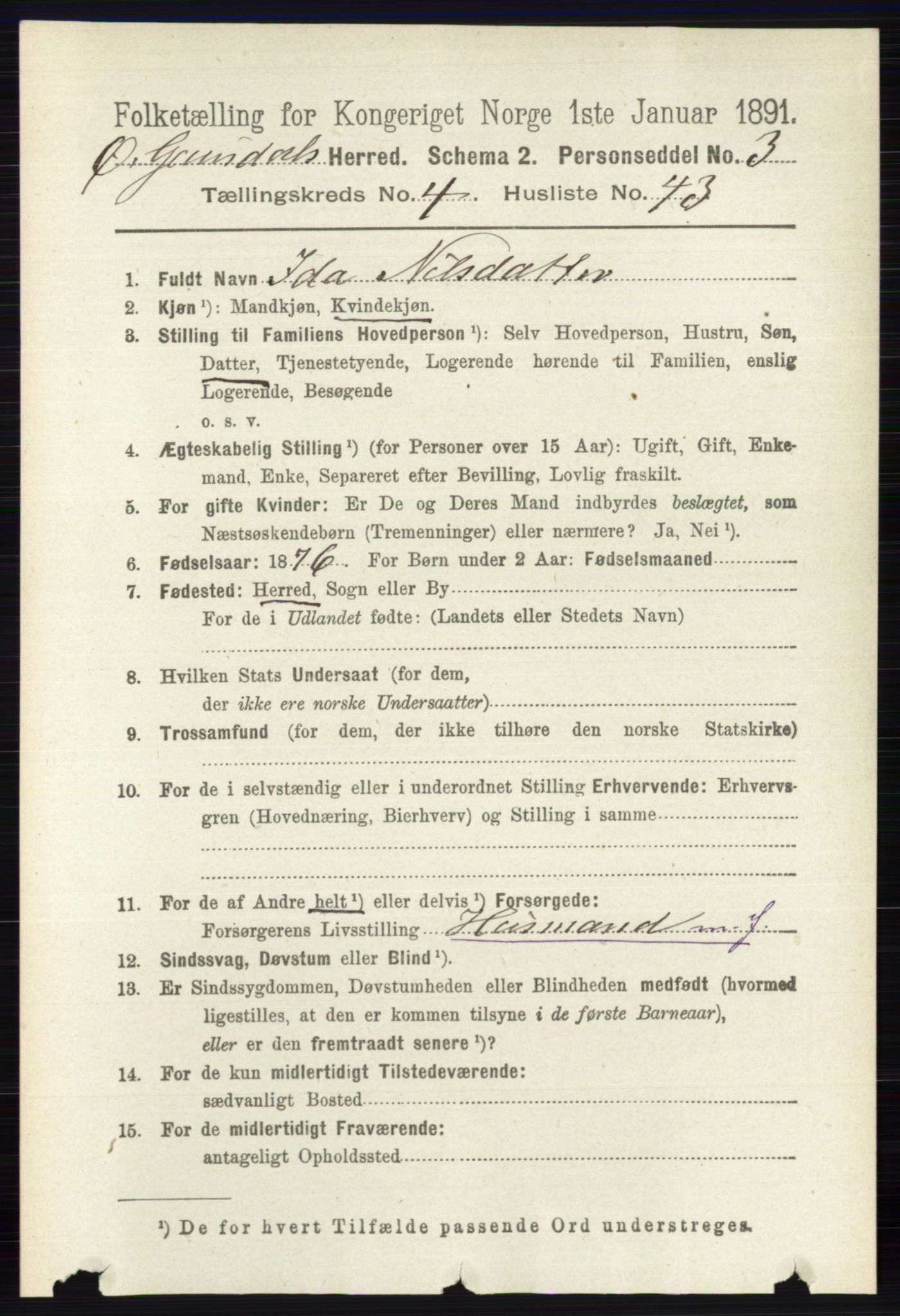 RA, 1891 census for 0522 Østre Gausdal, 1891, p. 2787