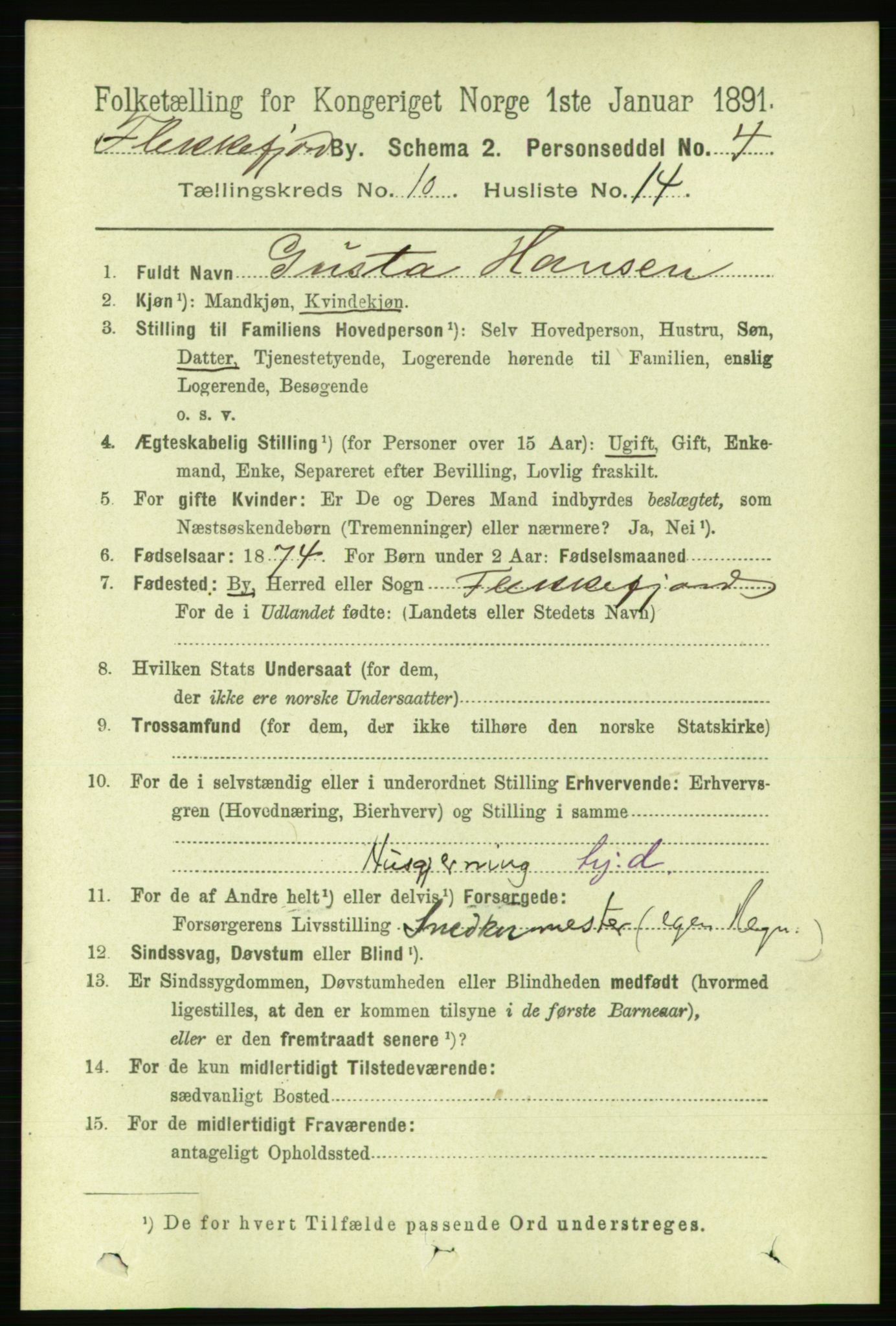 RA, 1891 census for 1004 Flekkefjord, 1891, p. 1616