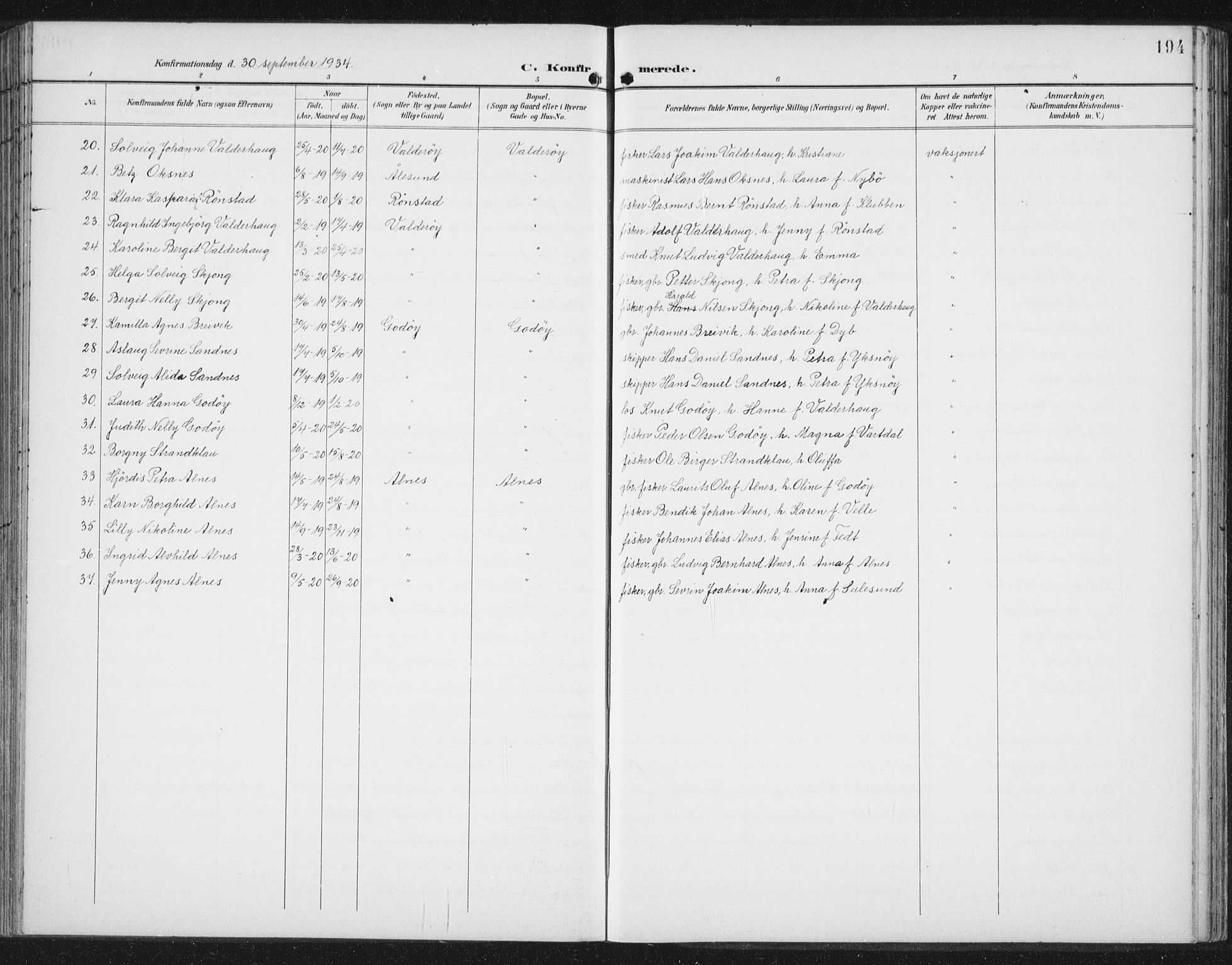 Ministerialprotokoller, klokkerbøker og fødselsregistre - Møre og Romsdal, AV/SAT-A-1454/534/L0489: Parish register (copy) no. 534C01, 1899-1941, p. 194