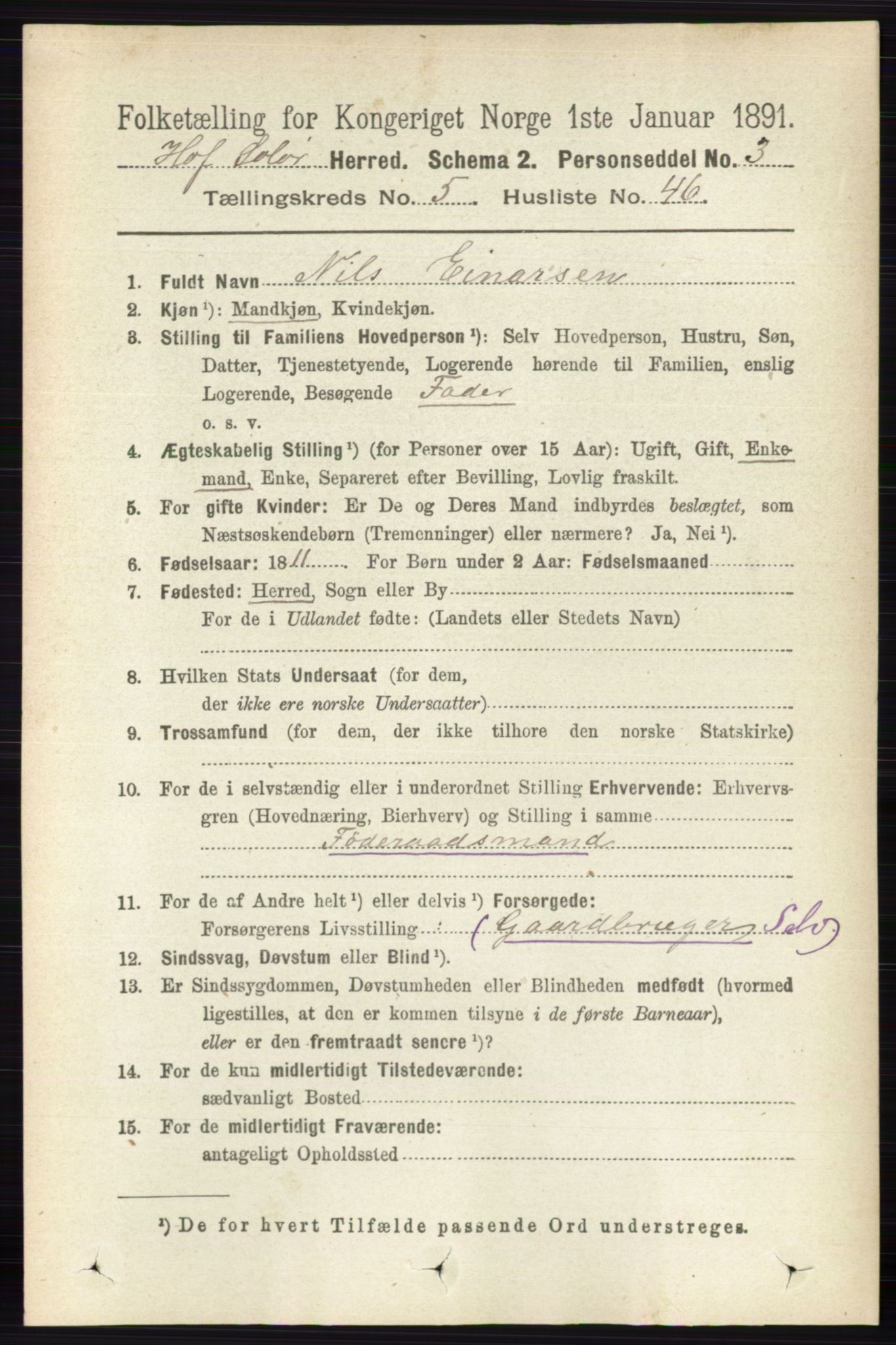 RA, 1891 census for 0424 Hof, 1891, p. 2096