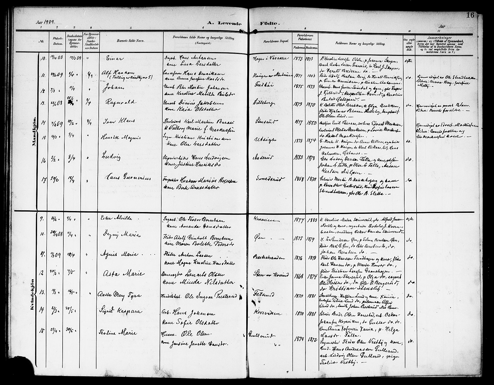 Fet prestekontor Kirkebøker, AV/SAO-A-10370a/G/Ga/L0008: Parish register (copy) no. I 8, 1907-1920, p. 16