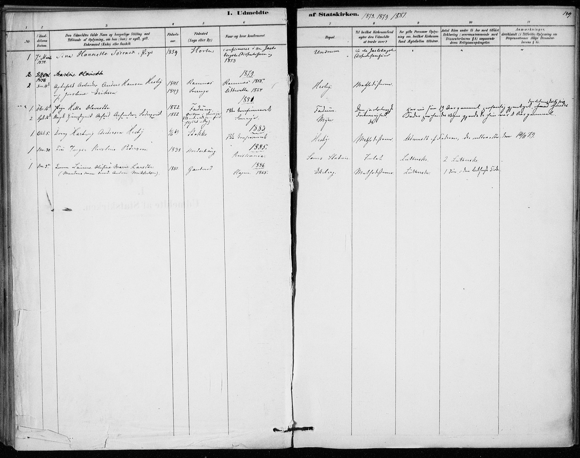 Sem kirkebøker, AV/SAKO-A-5/F/Fa/L0010: Parish register (official) no. I 10, 1878-1887, p. 149