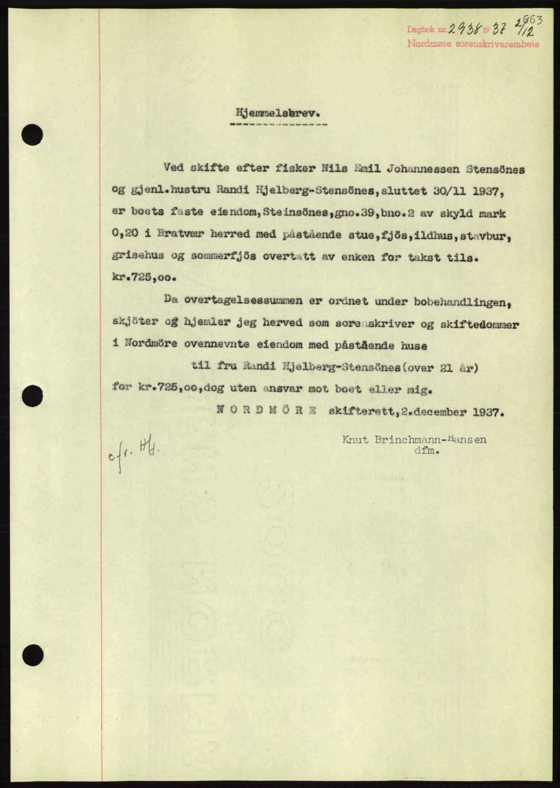 Nordmøre sorenskriveri, AV/SAT-A-4132/1/2/2Ca: Mortgage book no. A82, 1937-1938, Diary no: : 2938/1937