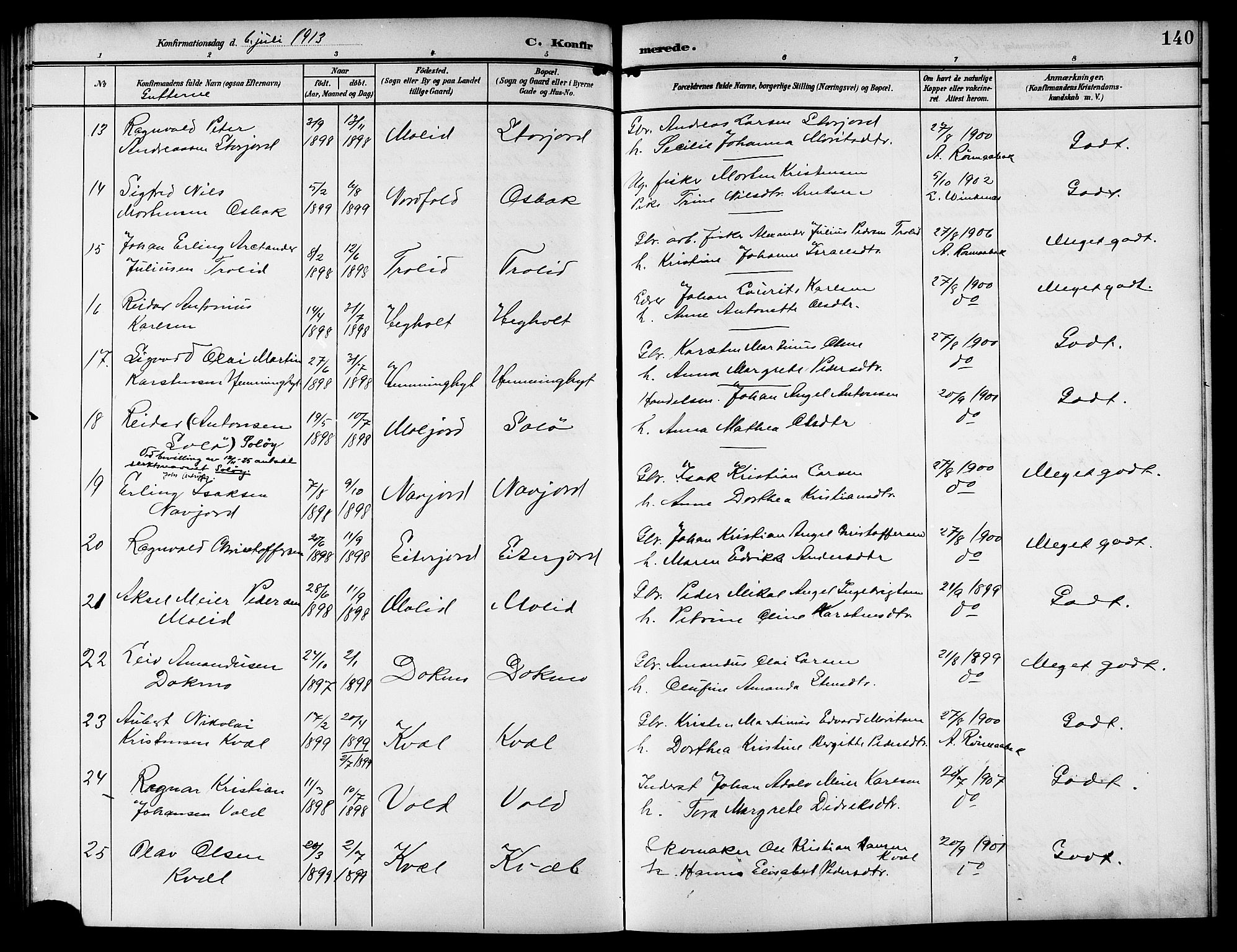 Ministerialprotokoller, klokkerbøker og fødselsregistre - Nordland, AV/SAT-A-1459/846/L0655: Parish register (copy) no. 846C05, 1902-1916, p. 140