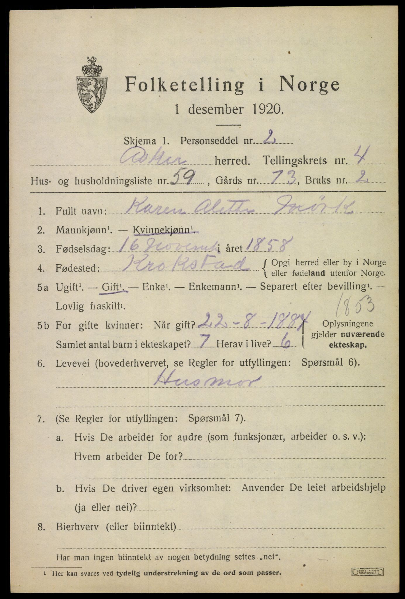 SAO, 1920 census for Asker, 1920, p. 11020