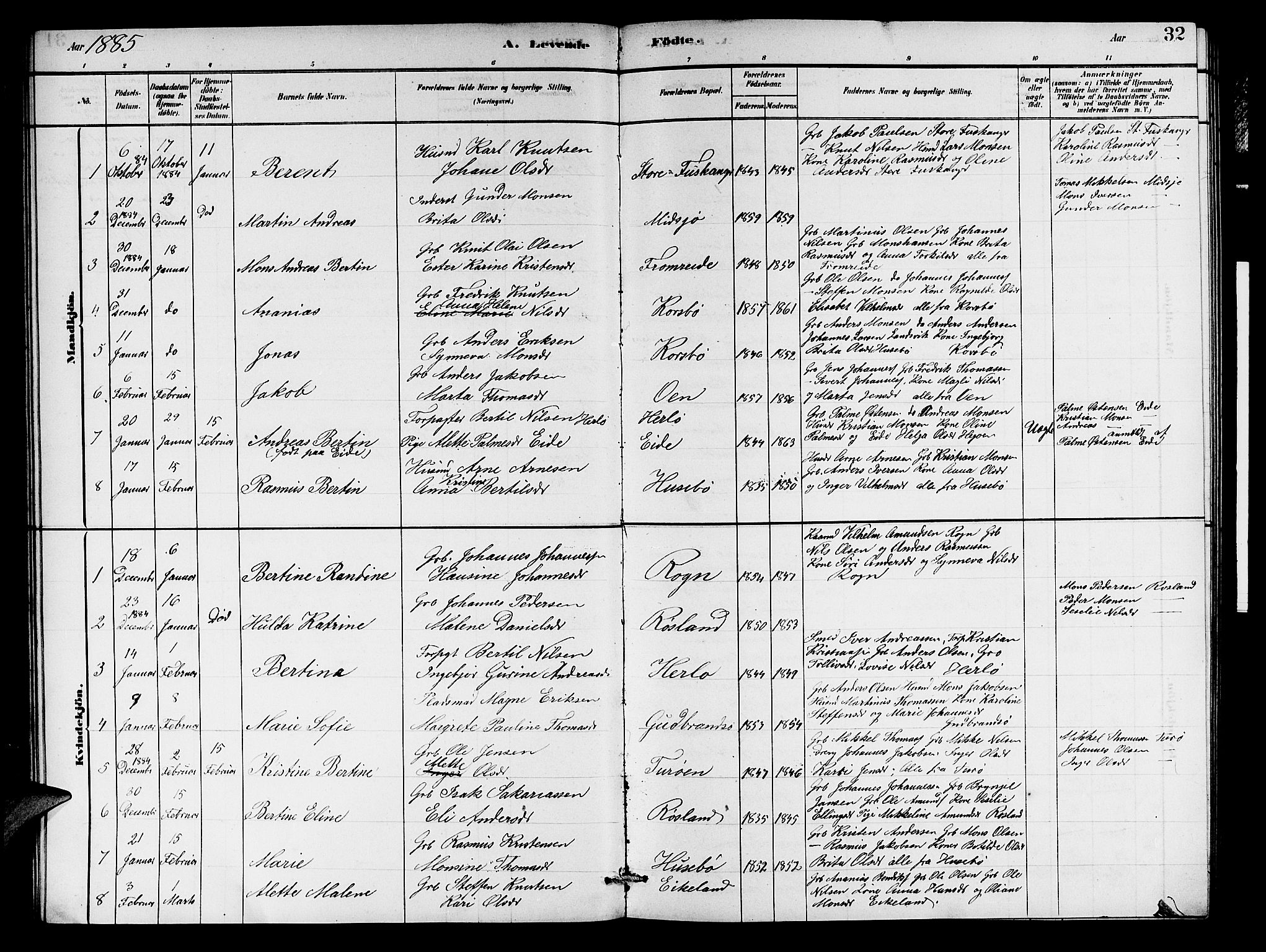 Herdla Sokneprestembete, SAB/A-75701/H/Hab: Parish register (copy) no. A 2, 1881-1888, p. 32