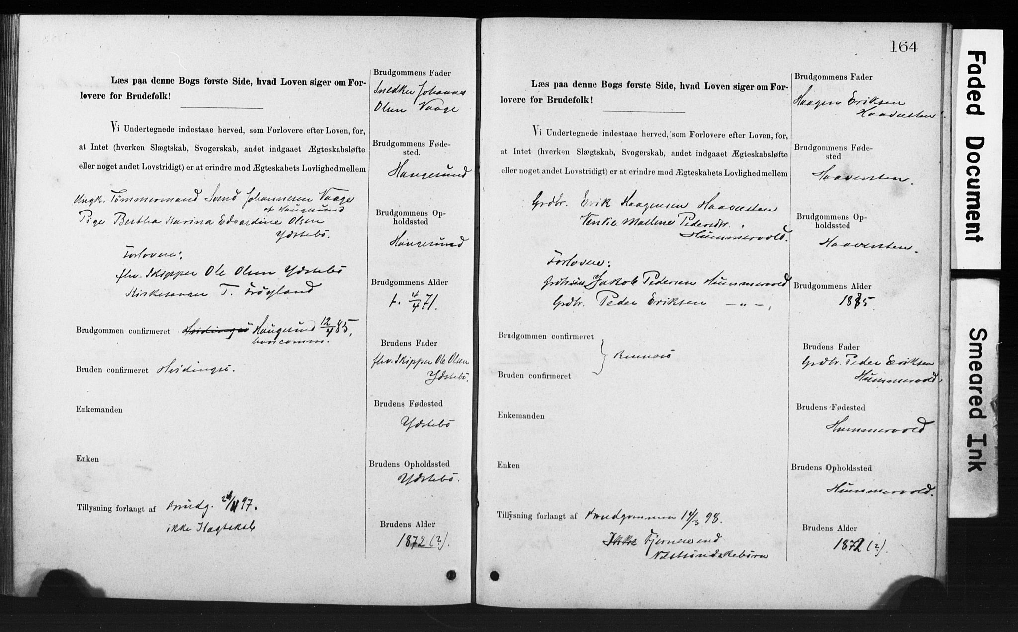 Rennesøy sokneprestkontor, SAST/A -101827/I/Ie/L0001: Banns register no. 1, 1873-1898, p. 164