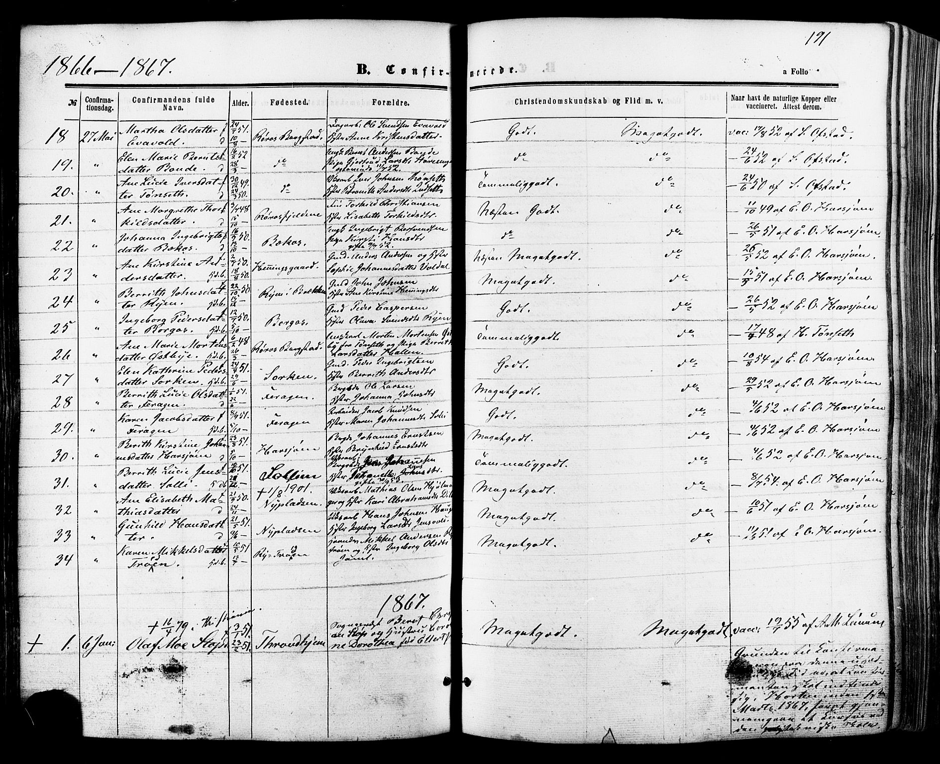 Ministerialprotokoller, klokkerbøker og fødselsregistre - Sør-Trøndelag, SAT/A-1456/681/L0932: Parish register (official) no. 681A10, 1860-1878, p. 191