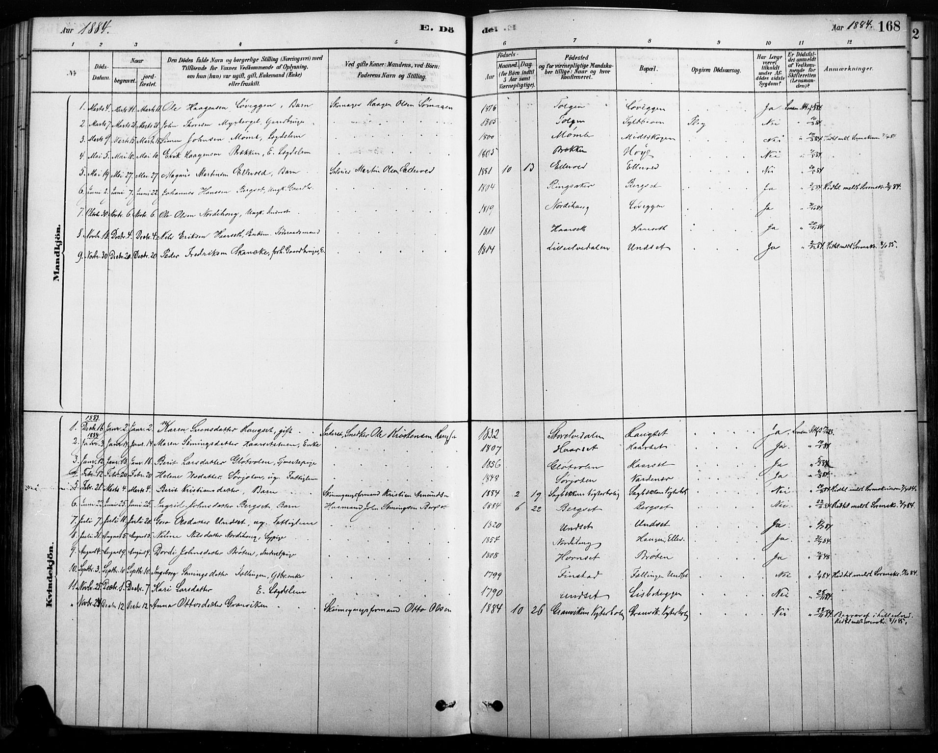 Rendalen prestekontor, SAH/PREST-054/H/Ha/Haa/L0009: Parish register (official) no. 9, 1878-1901, p. 168