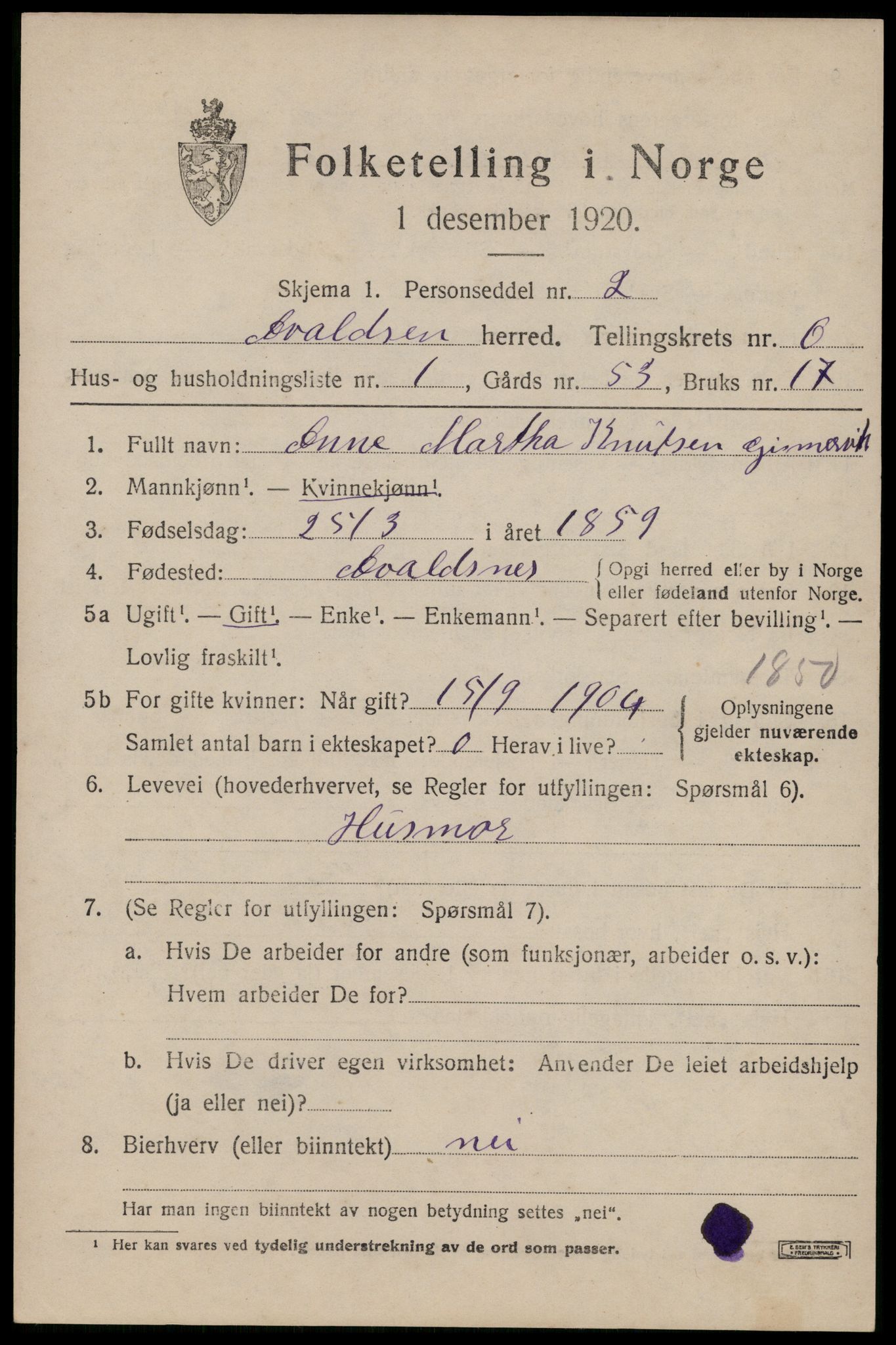 SAST, 1920 census for Avaldsnes, 1920, p. 5677
