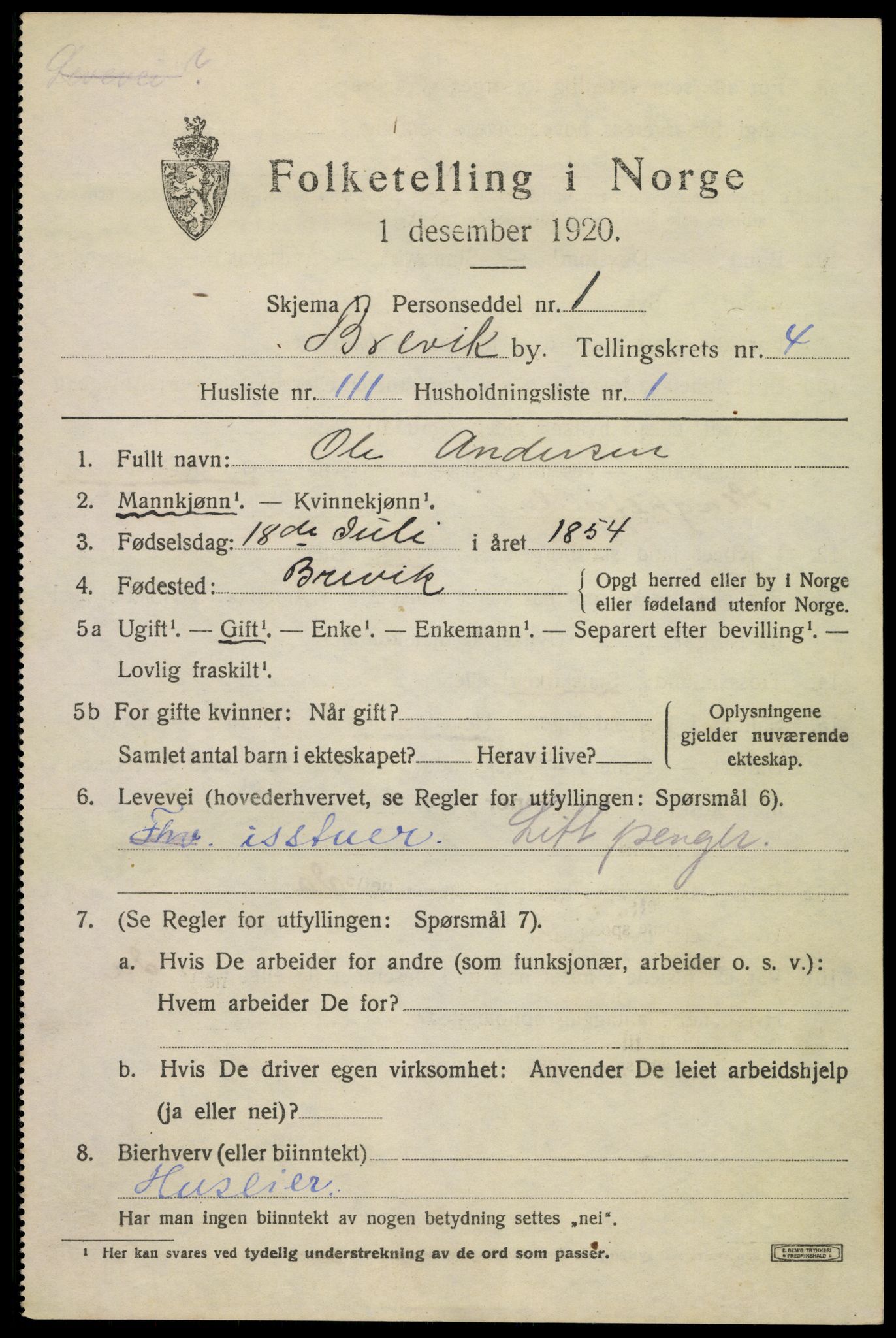 SAKO, 1920 census for Brevik, 1920, p. 7138
