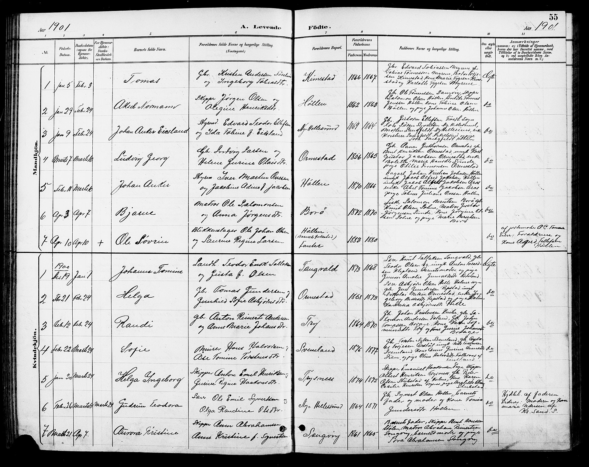 Søgne sokneprestkontor, SAK/1111-0037/F/Fb/Fbb/L0006: Parish register (copy) no. B 6, 1892-1911, p. 55