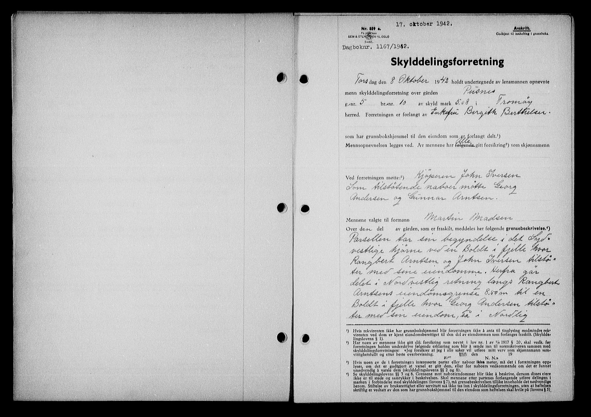 Nedenes sorenskriveri, SAK/1221-0006/G/Gb/Gba/L0050: Mortgage book no. A-IV, 1942-1943, Diary no: : 1167/1942