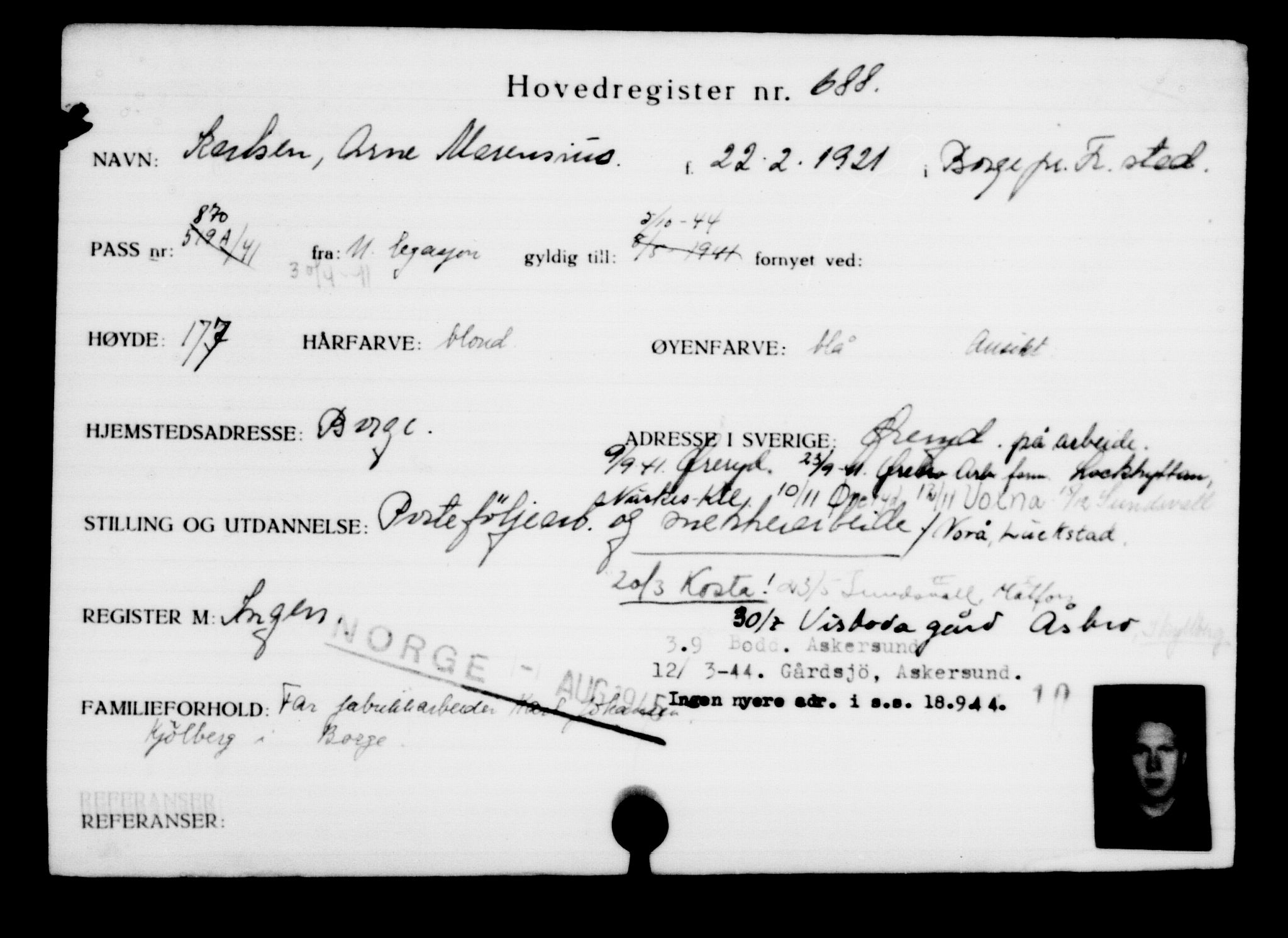 Utenriksstasjonene, Legasjonen i Stockholm, Flyktningkontoret, AV/RA-S-6753/V/Va/L0001: Kjesäterkartoteket, flyktninger med registreringsnr. 1-1000, 1940-1945, p. 1080