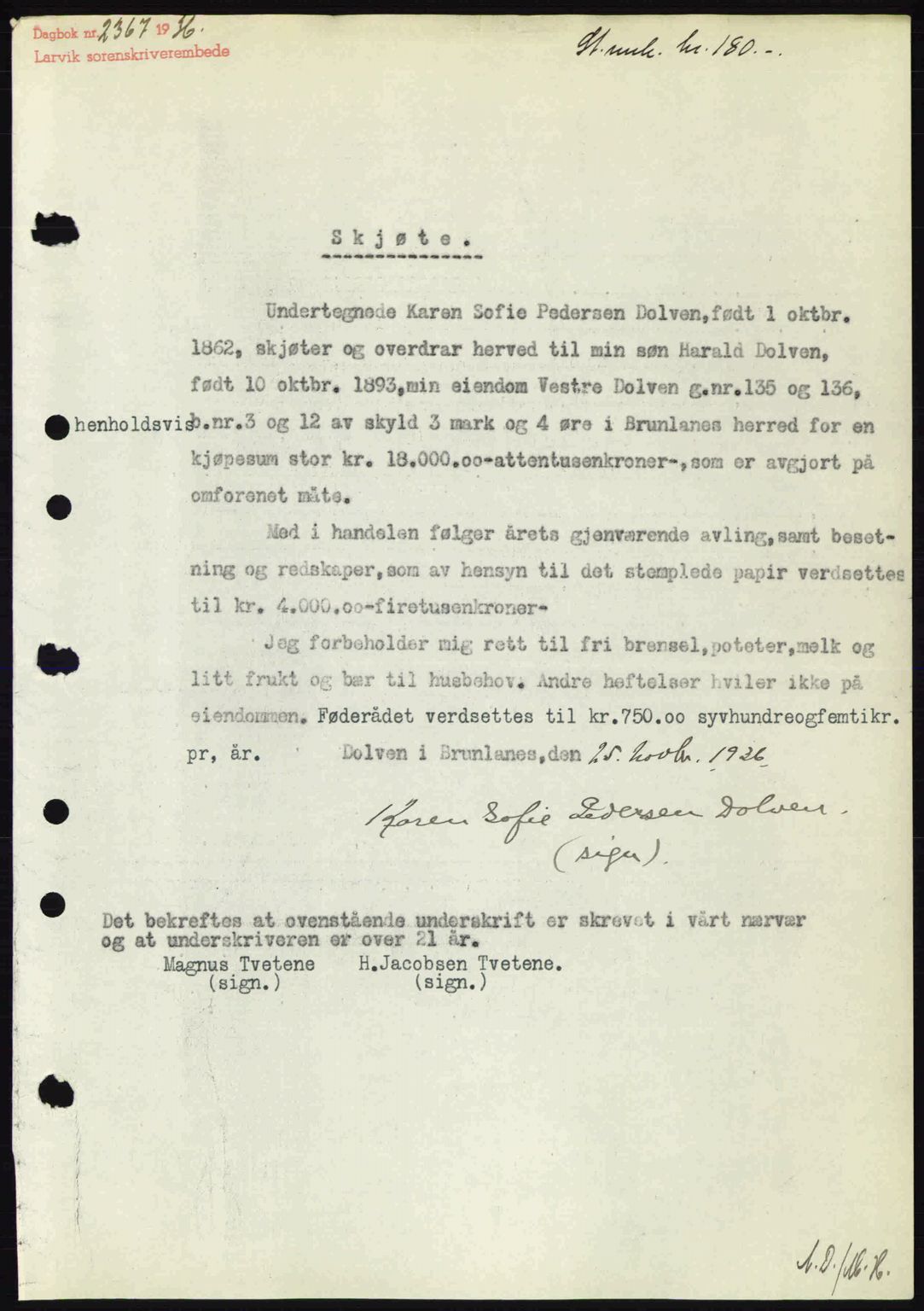 Larvik sorenskriveri, SAKO/A-83/G/Ga/Gab/L0067: Mortgage book no. A-1, 1936-1937, Diary no: : 2367/1936