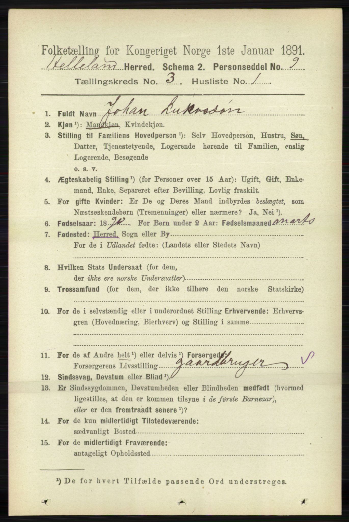 RA, 1891 census for 1115 Helleland, 1891, p. 847