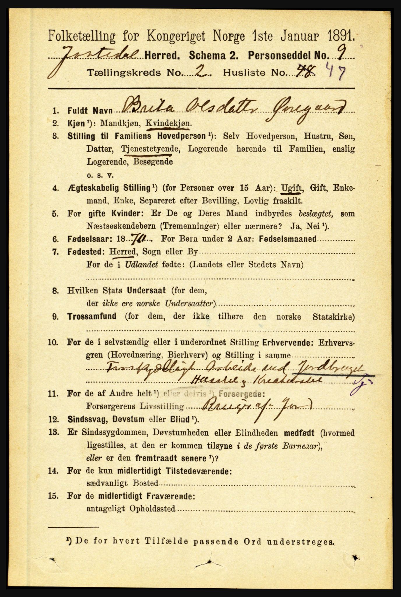 RA, 1891 census for 1427 Jostedal, 1891, p. 858