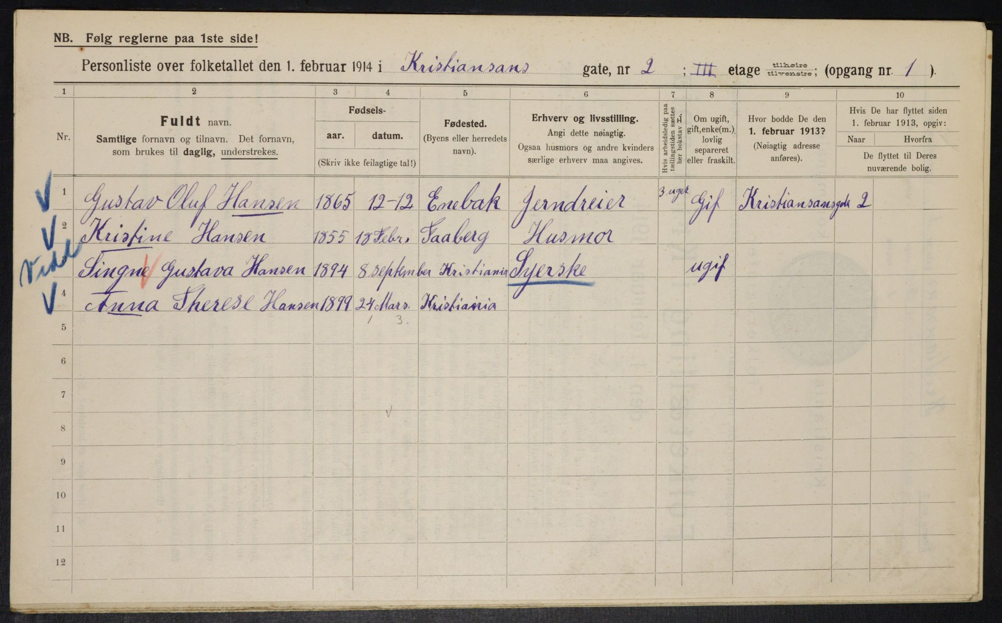 OBA, Municipal Census 1914 for Kristiania, 1914, p. 54166