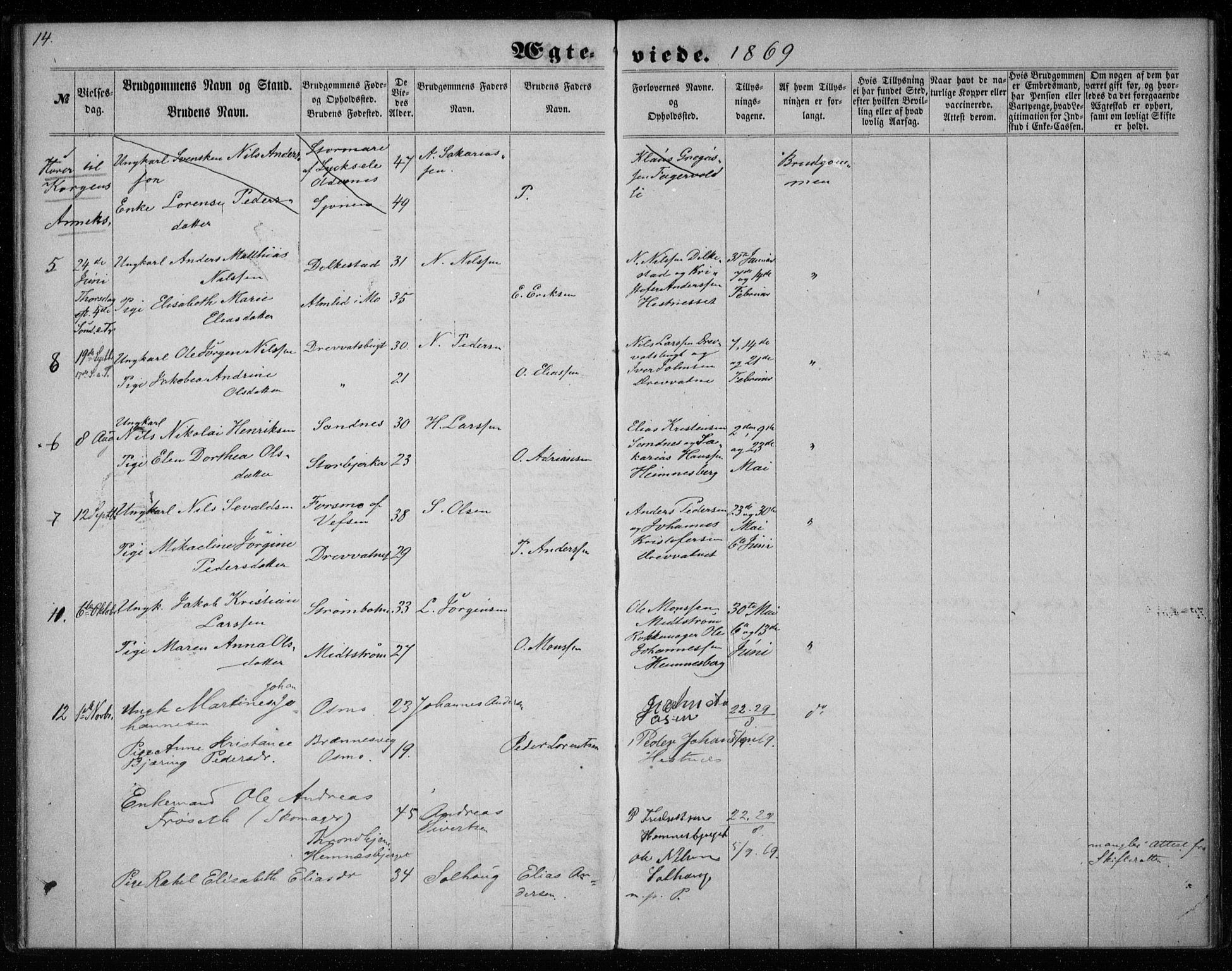 Ministerialprotokoller, klokkerbøker og fødselsregistre - Nordland, AV/SAT-A-1459/825/L0358: Parish register (official) no. 825A12, 1863-1878, p. 14