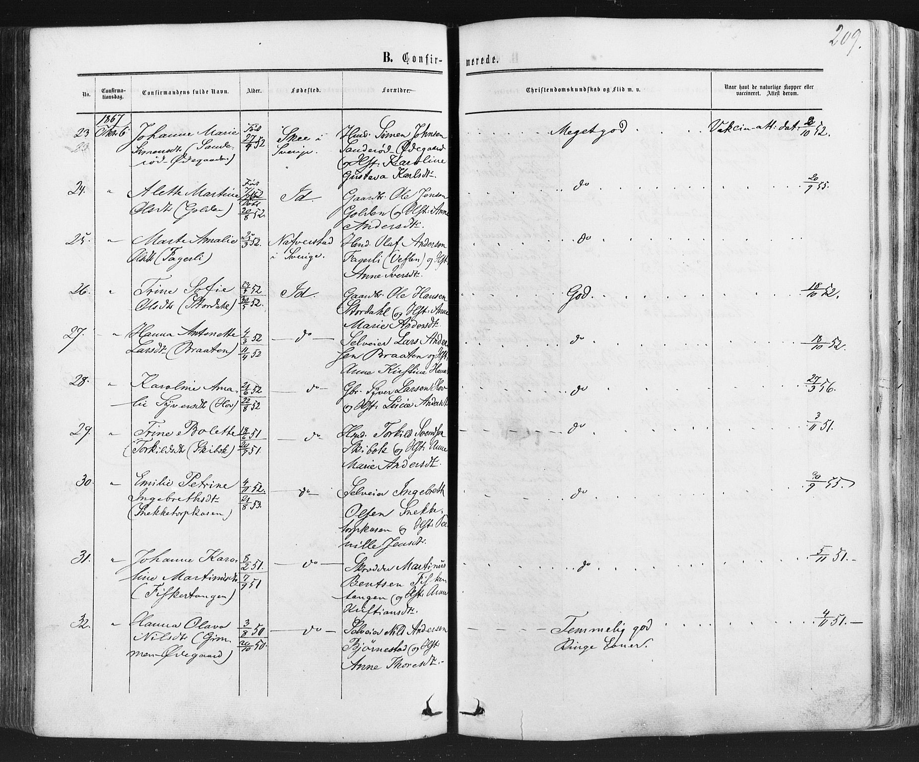 Idd prestekontor Kirkebøker, SAO/A-10911/F/Fc/L0005: Parish register (official) no. III 5, 1861-1877, p. 209