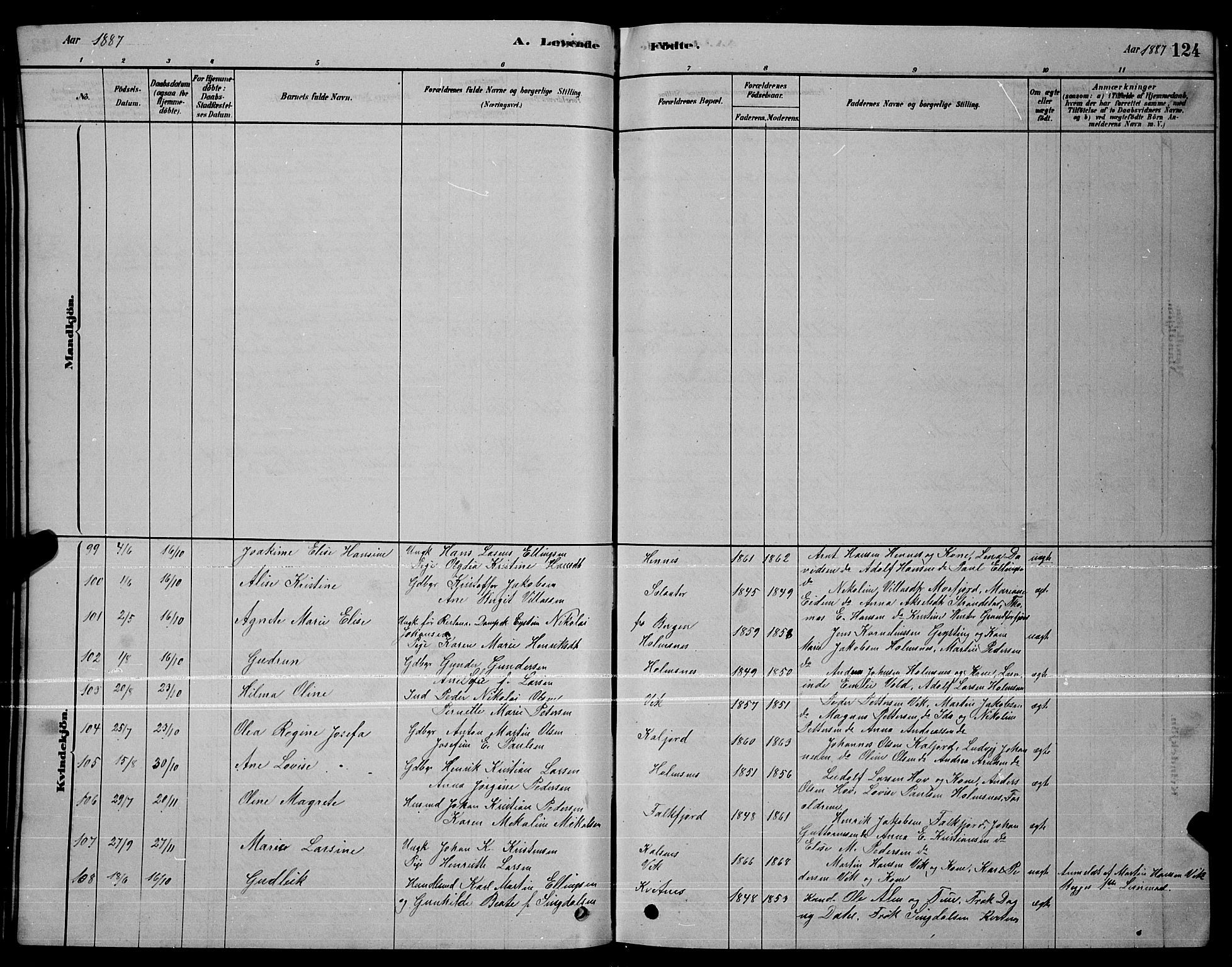 Ministerialprotokoller, klokkerbøker og fødselsregistre - Nordland, SAT/A-1459/888/L1267: Parish register (copy) no. 888C05, 1878-1890, p. 124