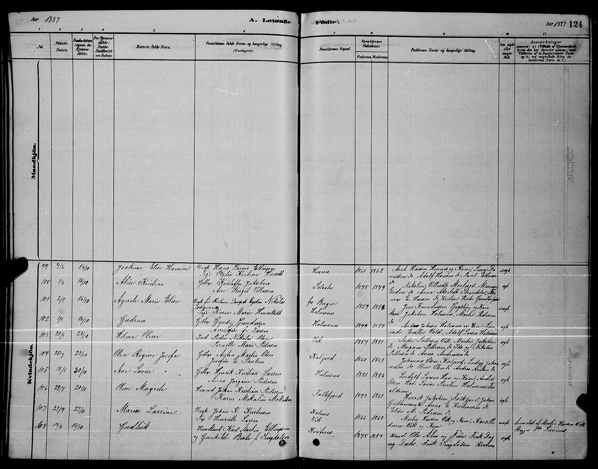 Ministerialprotokoller, klokkerbøker og fødselsregistre - Nordland, AV/SAT-A-1459/888/L1267: Parish register (copy) no. 888C05, 1878-1890, p. 124