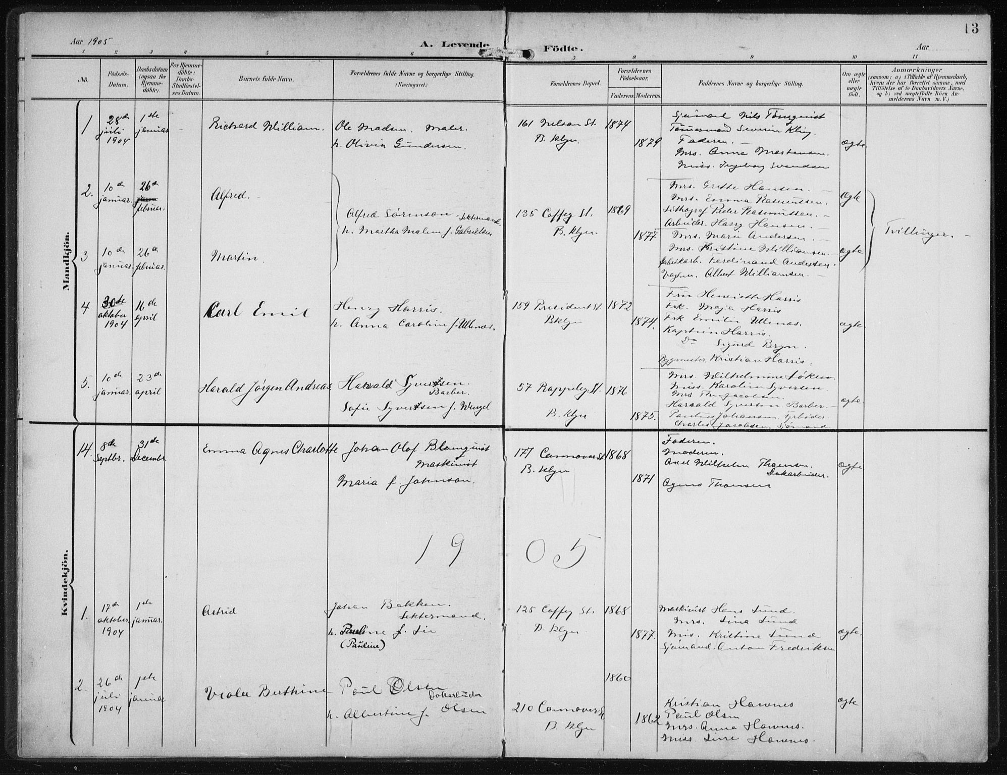 Den norske sjømannsmisjon i utlandet/New York, SAB/SAB/PA-0110/H/Ha/L0005: Parish register (official) no. A 5, 1902-1908, p. 13