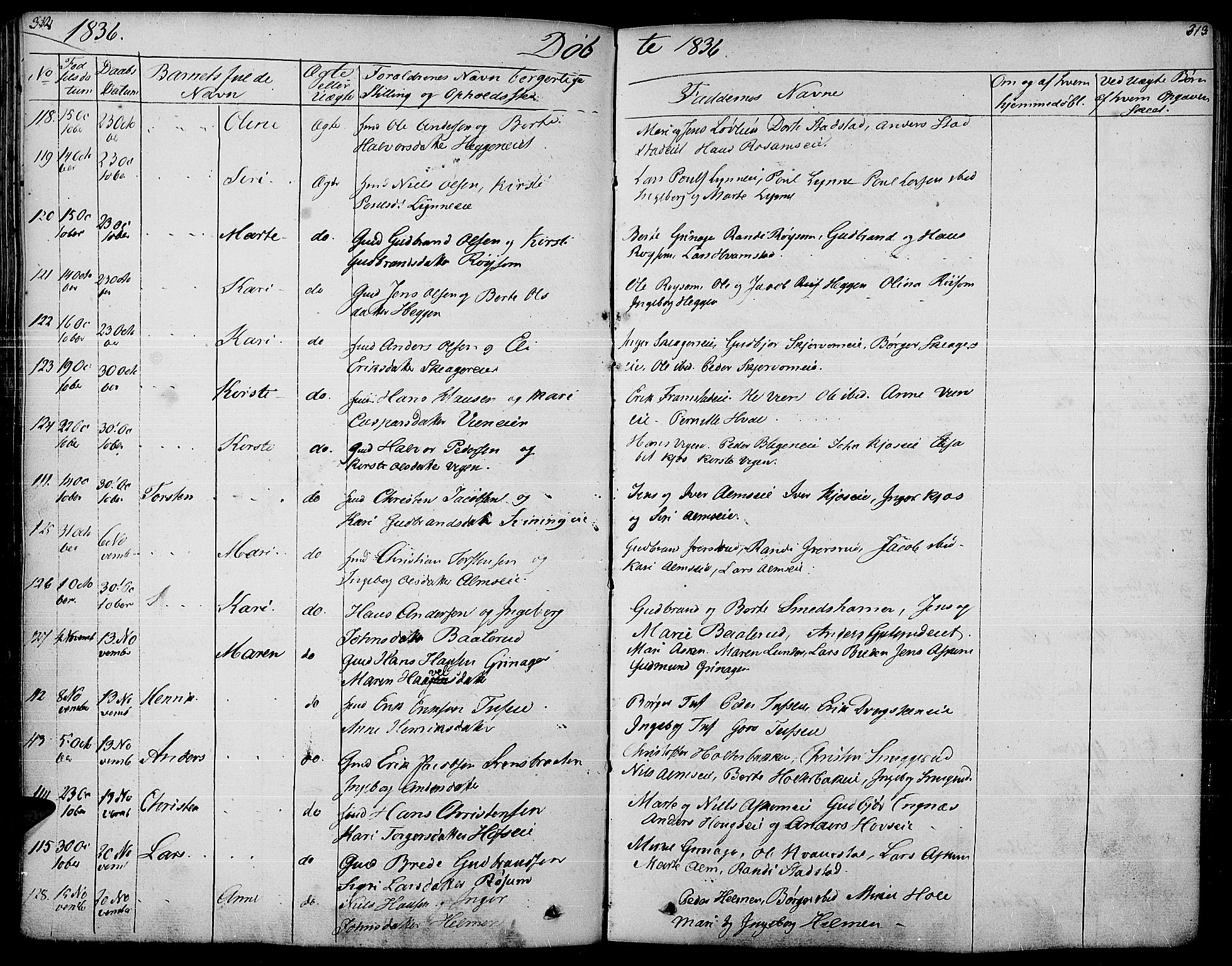 Gran prestekontor, AV/SAH-PREST-112/H/Ha/Haa/L0010: Parish register (official) no. 10, 1824-1842, p. 312-313