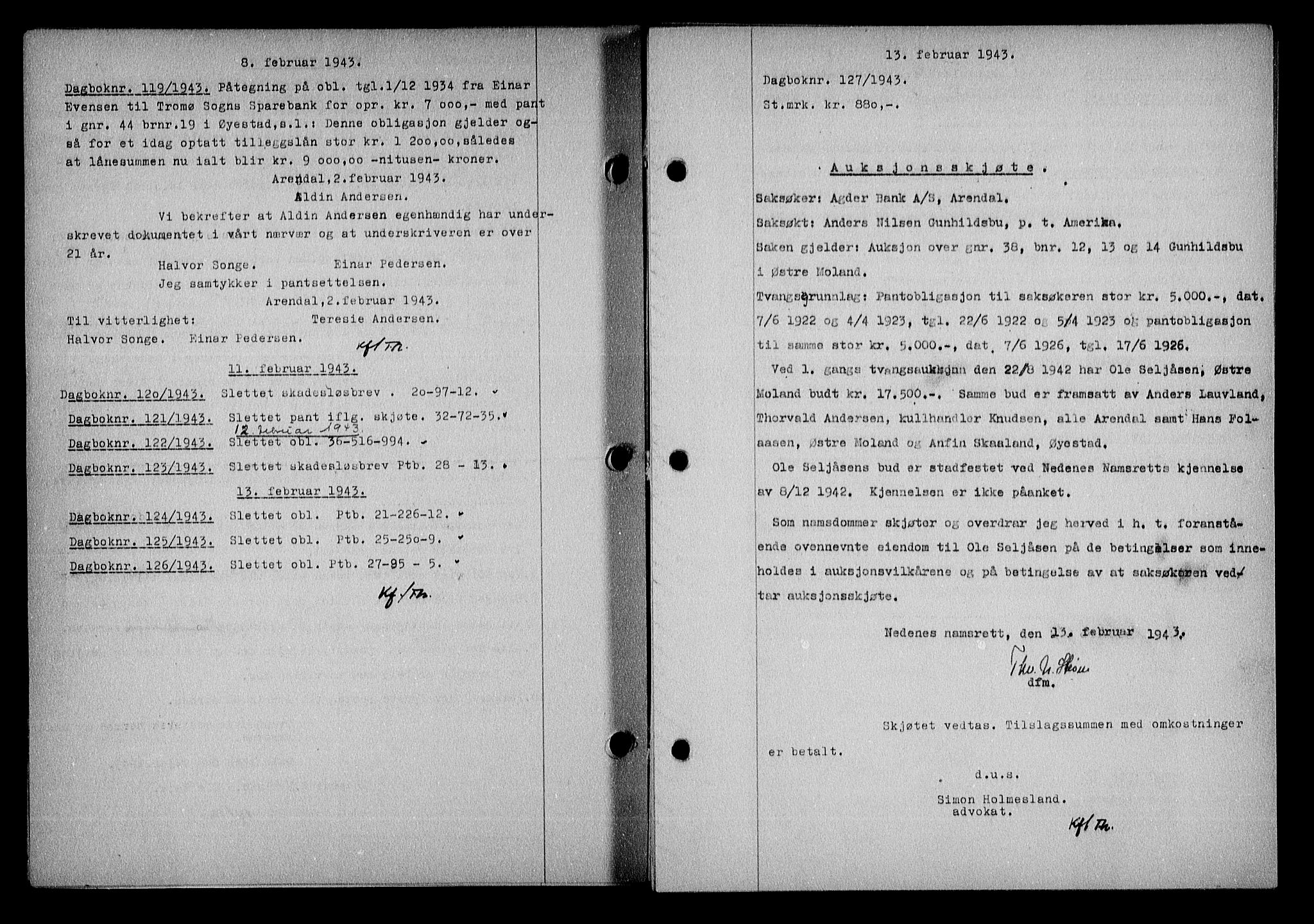 Nedenes sorenskriveri, SAK/1221-0006/G/Gb/Gba/L0050: Mortgage book no. A-IV, 1942-1943, Diary no: : 127/1943