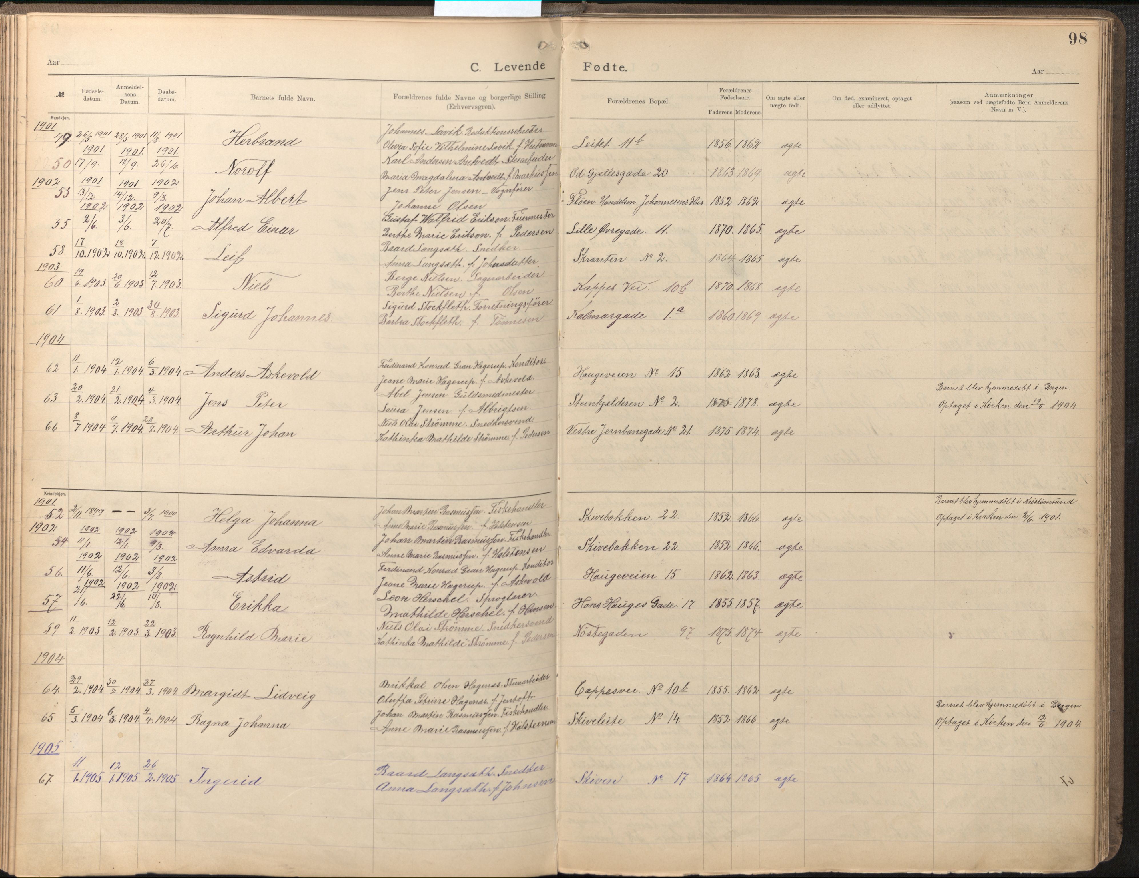 Den katolsk-apostoliske menighet, AV/SAB-SAB/PA-0331/F/L0001: Dissenter register no. 1, 1892-1946, p. 97b-98a