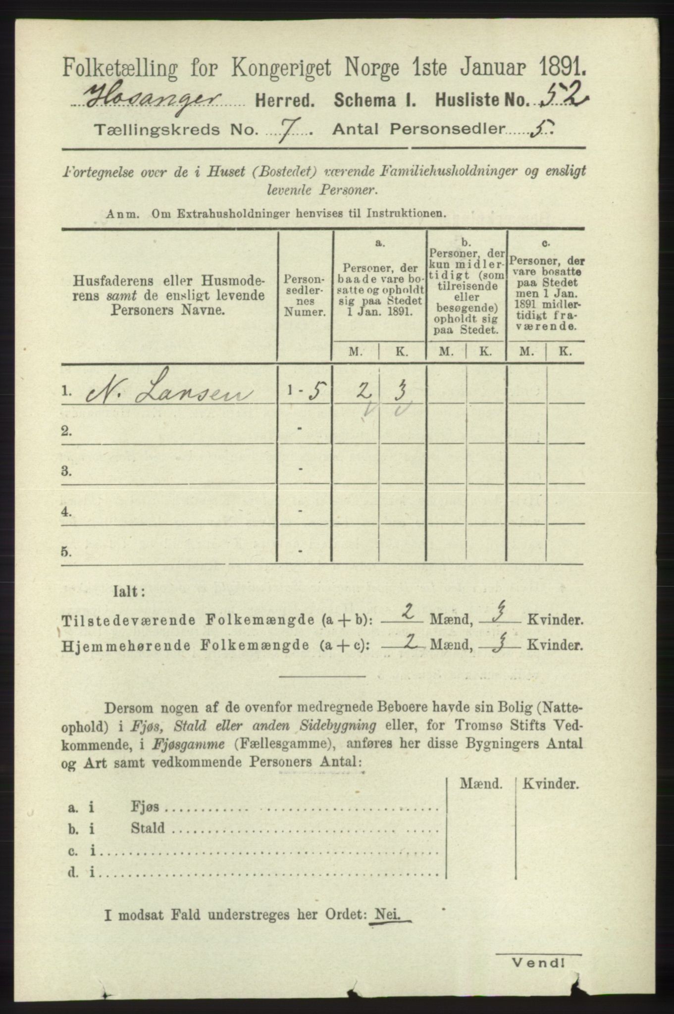 RA, 1891 census for 1253 Hosanger, 1891, p. 2485