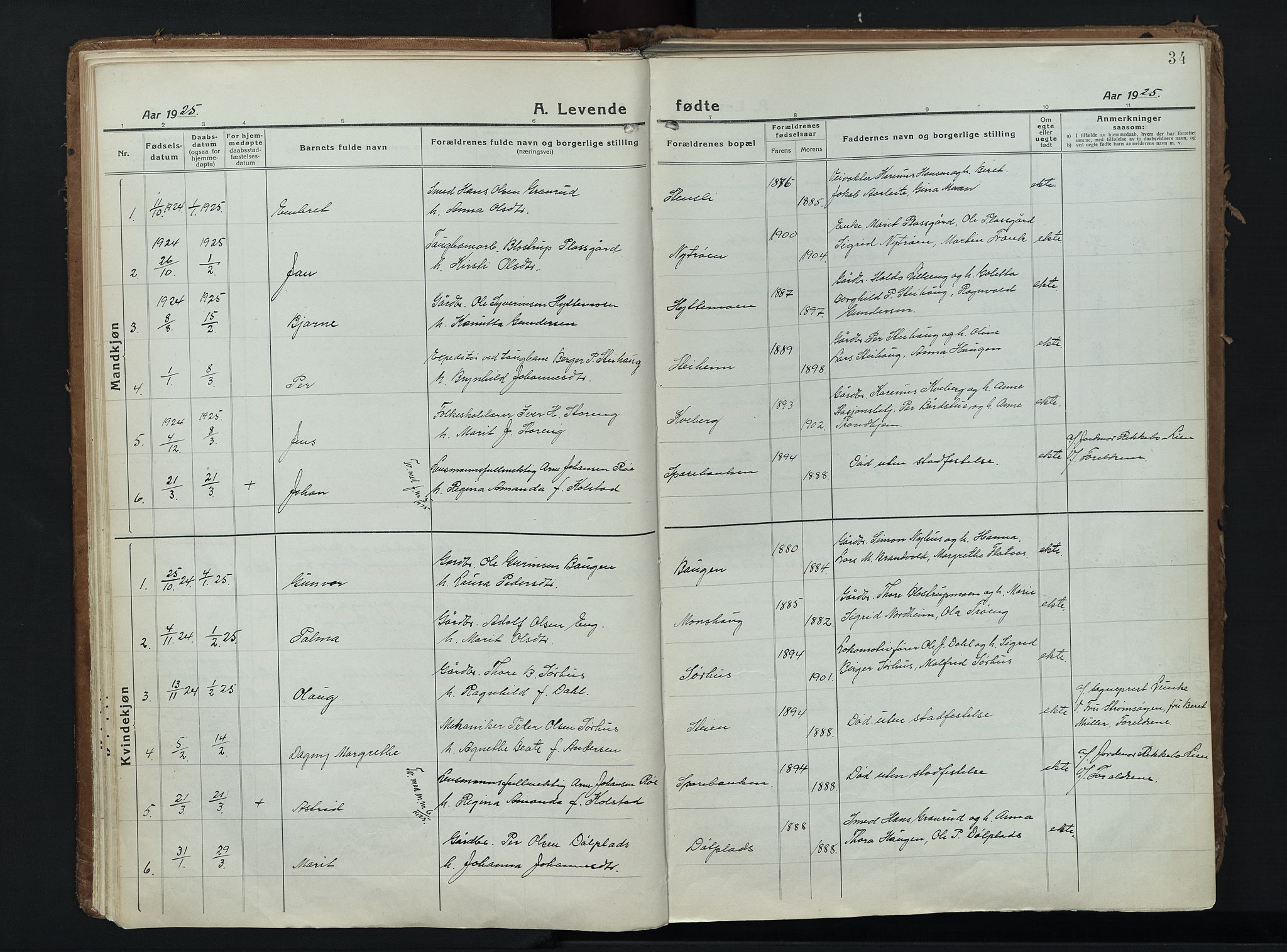 Alvdal prestekontor, AV/SAH-PREST-060/H/Ha/Haa/L0006: Parish register (official) no. 6, 1920-1937, p. 34