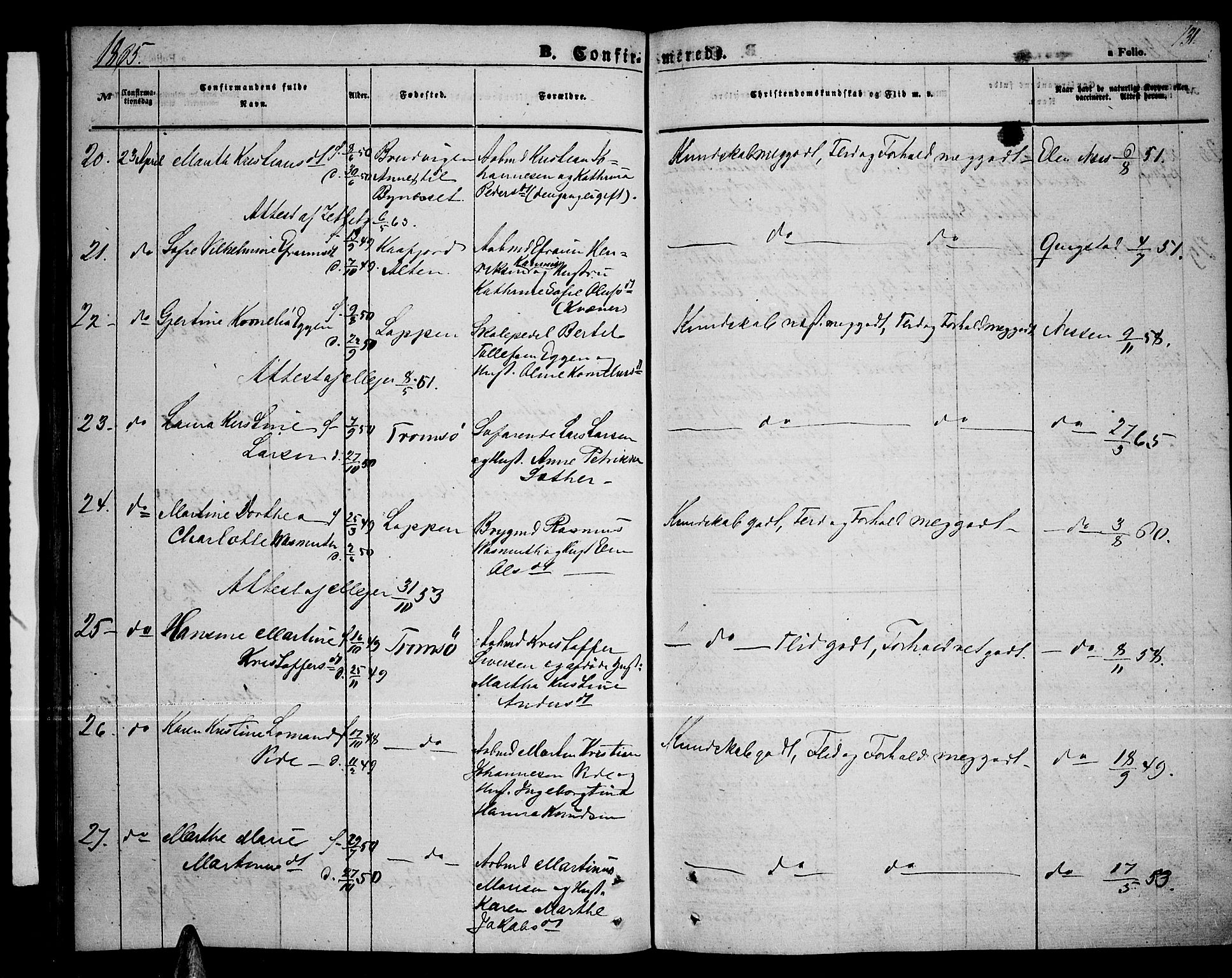 Tromsø sokneprestkontor/stiftsprosti/domprosti, AV/SATØ-S-1343/G/Gb/L0006klokker: Parish register (copy) no. 6, 1857-1866, p. 131