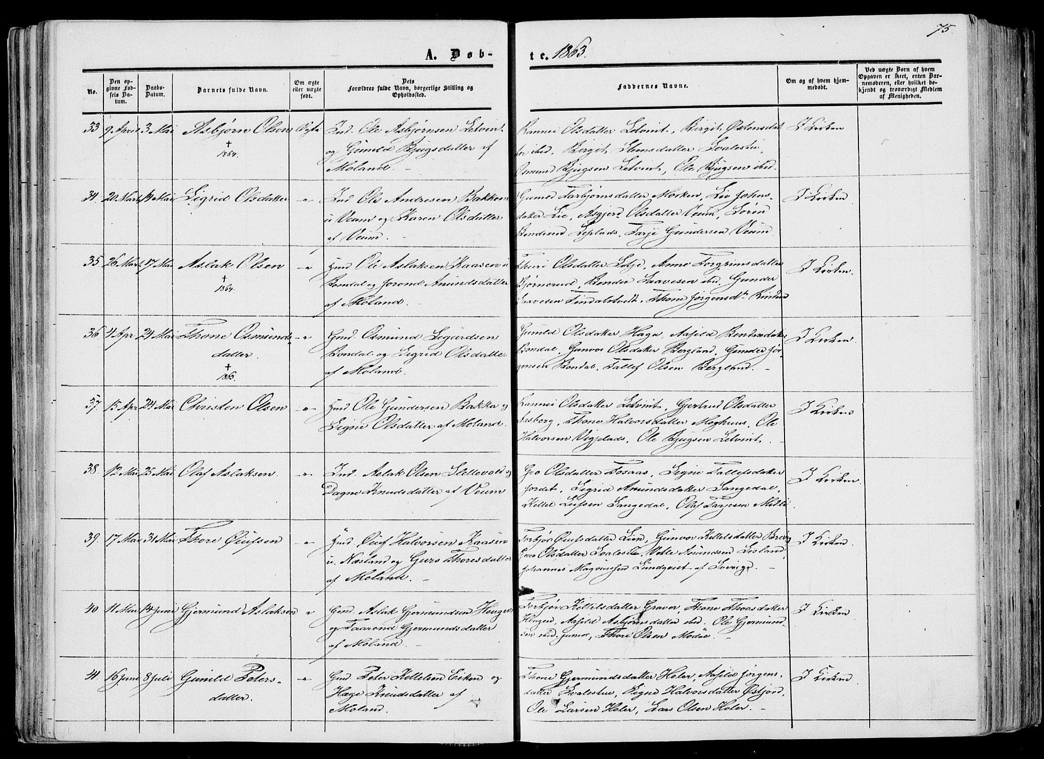 Fyresdal kirkebøker, AV/SAKO-A-263/F/Fa/L0005: Parish register (official) no. I 5, 1855-1871, p. 75
