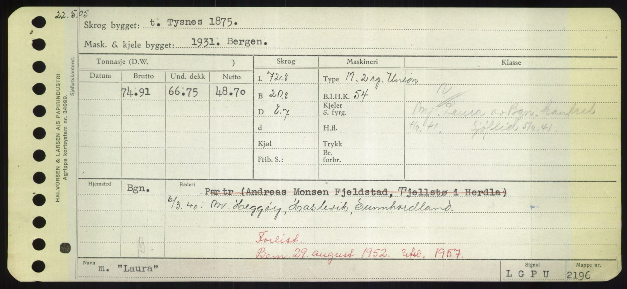 Sjøfartsdirektoratet med forløpere, Skipsmålingen, RA/S-1627/H/Hd/L0022: Fartøy, L-Lia, p. 237