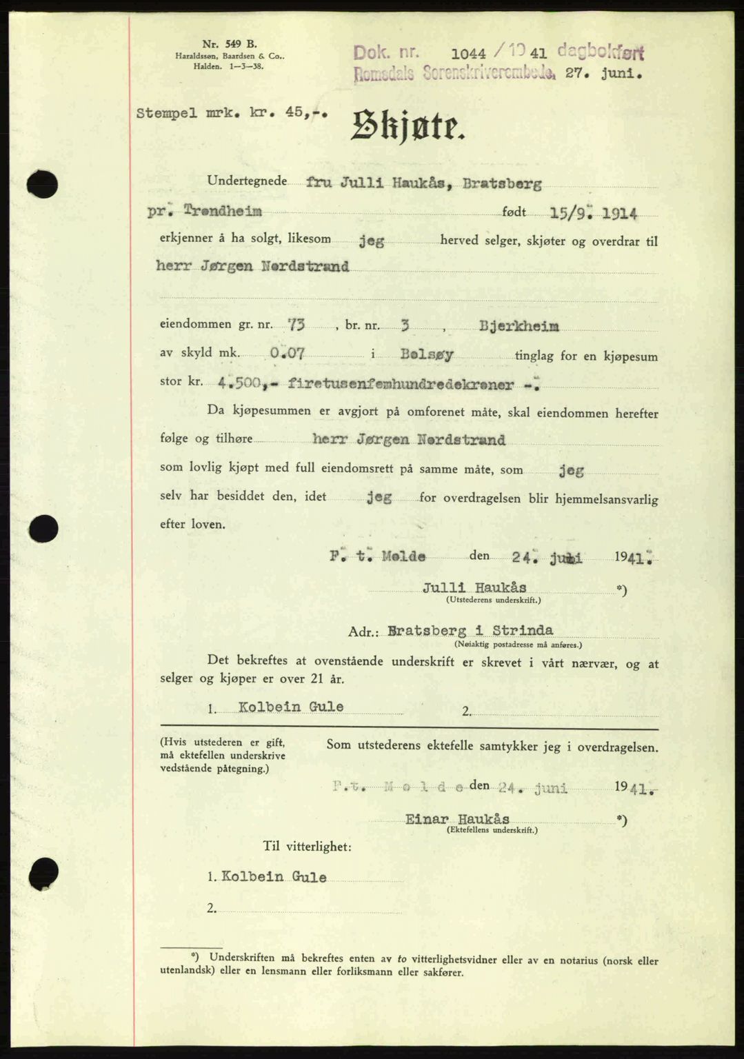 Romsdal sorenskriveri, AV/SAT-A-4149/1/2/2C: Mortgage book no. A10, 1941-1941, Diary no: : 1044/1941