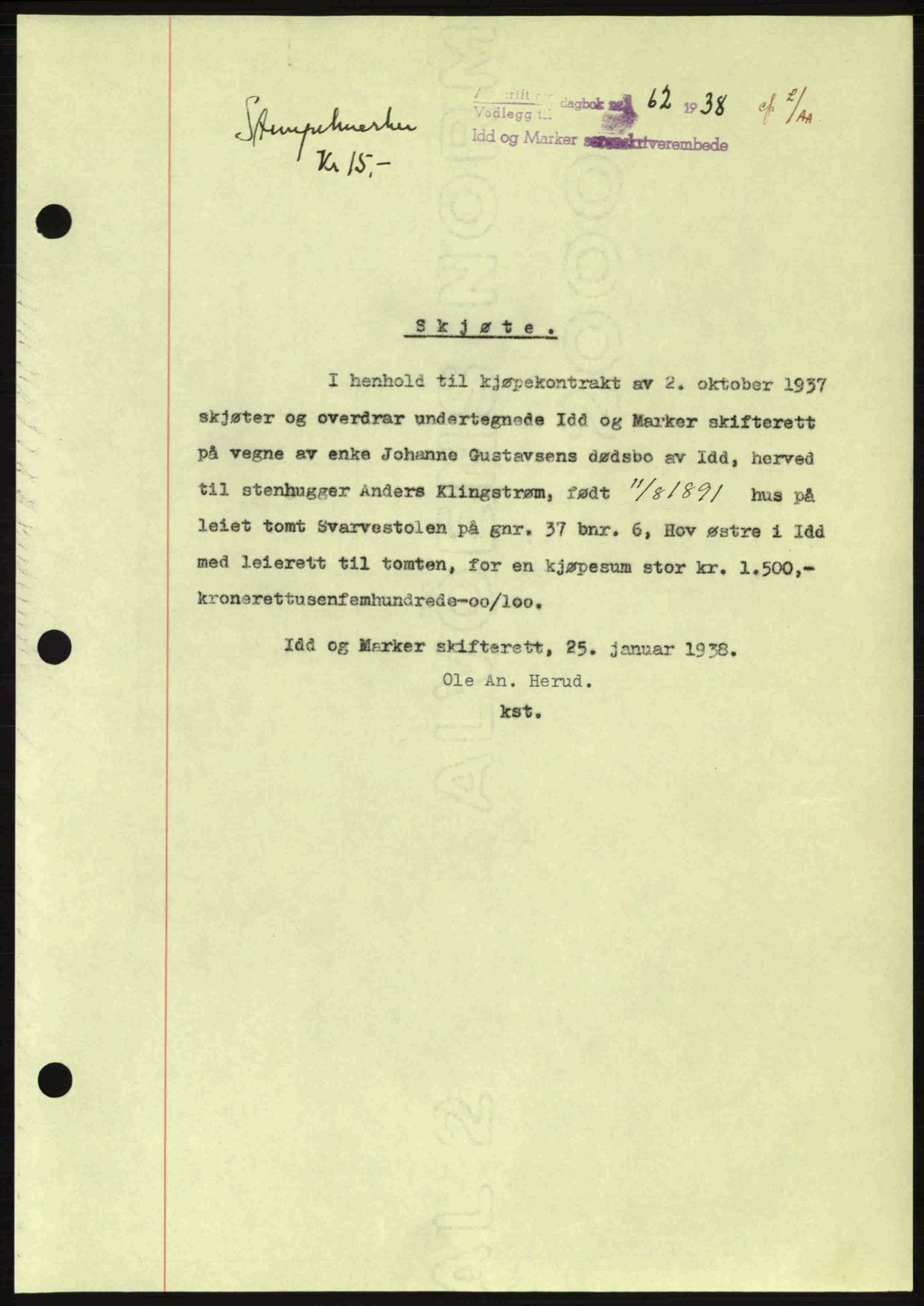 Idd og Marker sorenskriveri, AV/SAO-A-10283/G/Gb/Gbb/L0002: Mortgage book no. A2, 1937-1938, Diary no: : 62/1938