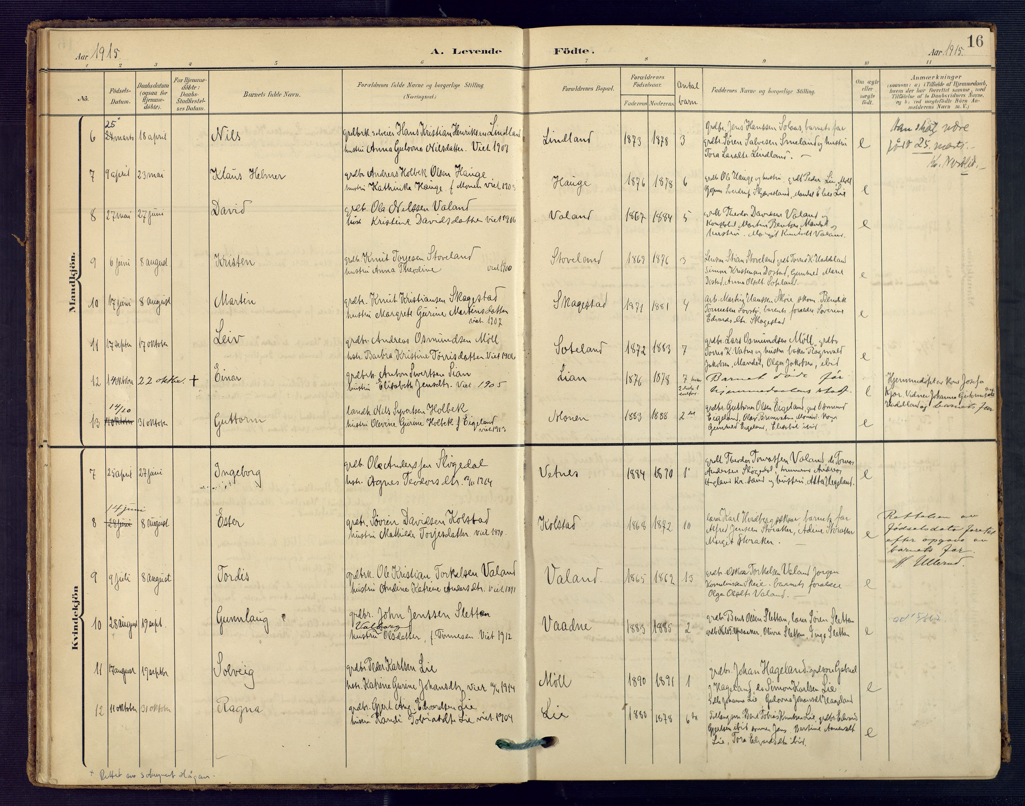 Holum sokneprestkontor, SAK/1111-0022/F/Fa/Faa/L0008: Parish register (official) no. A 8, 1908-1929, p. 16