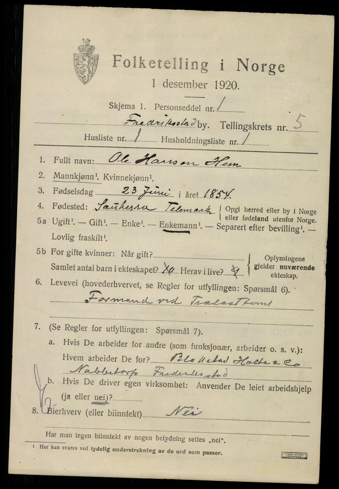 SAO, 1920 census for Fredrikstad, 1920, p. 18545
